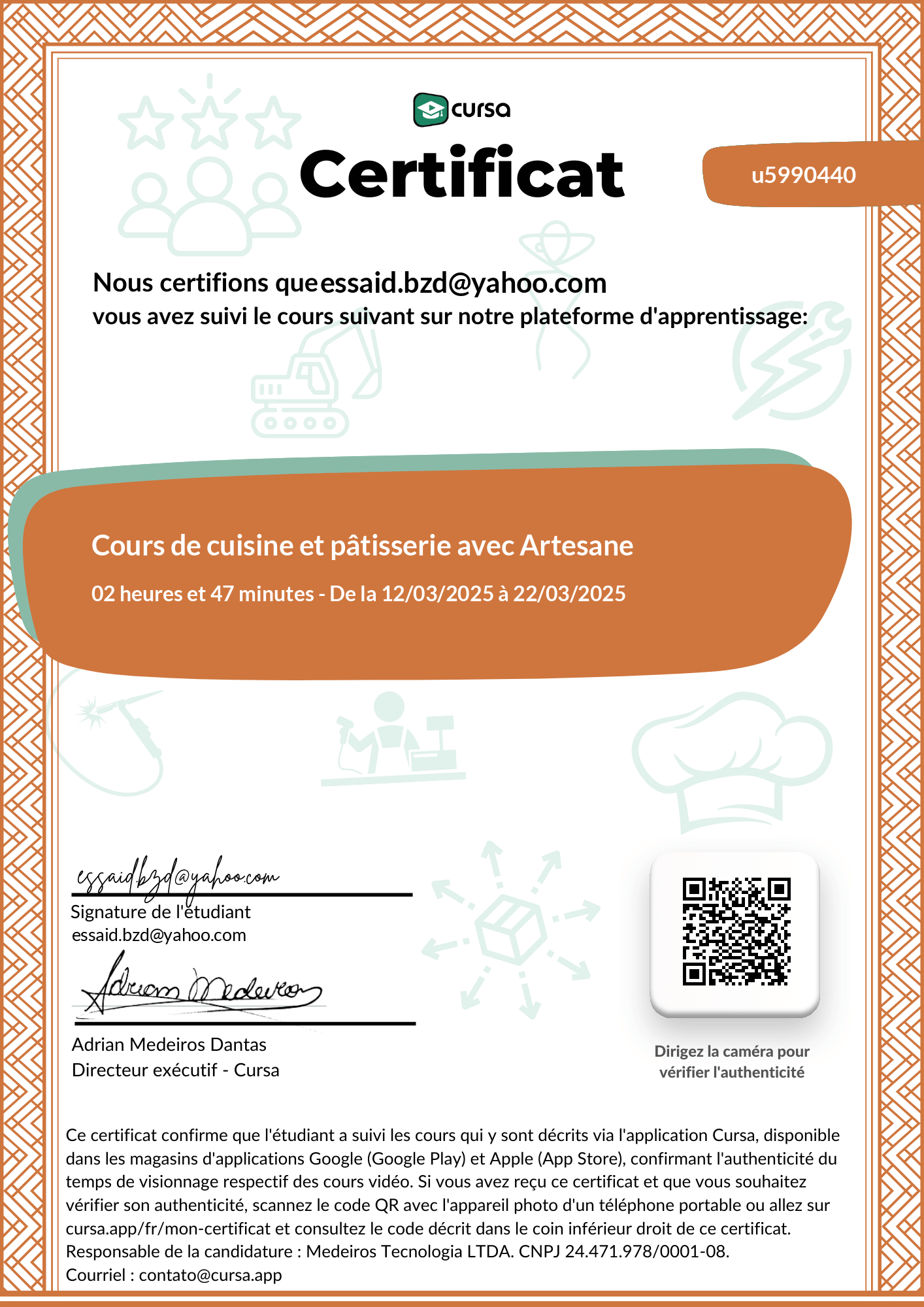 Image de mon certificat de fin de cours gratuit.