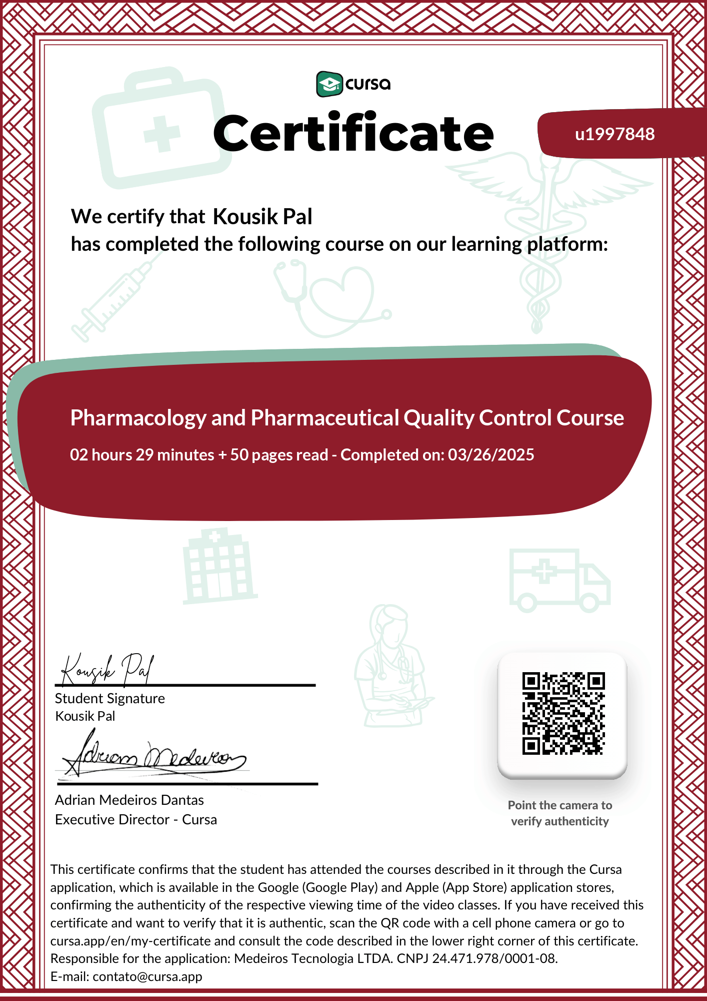 Image of my free Course Completion Certificate.