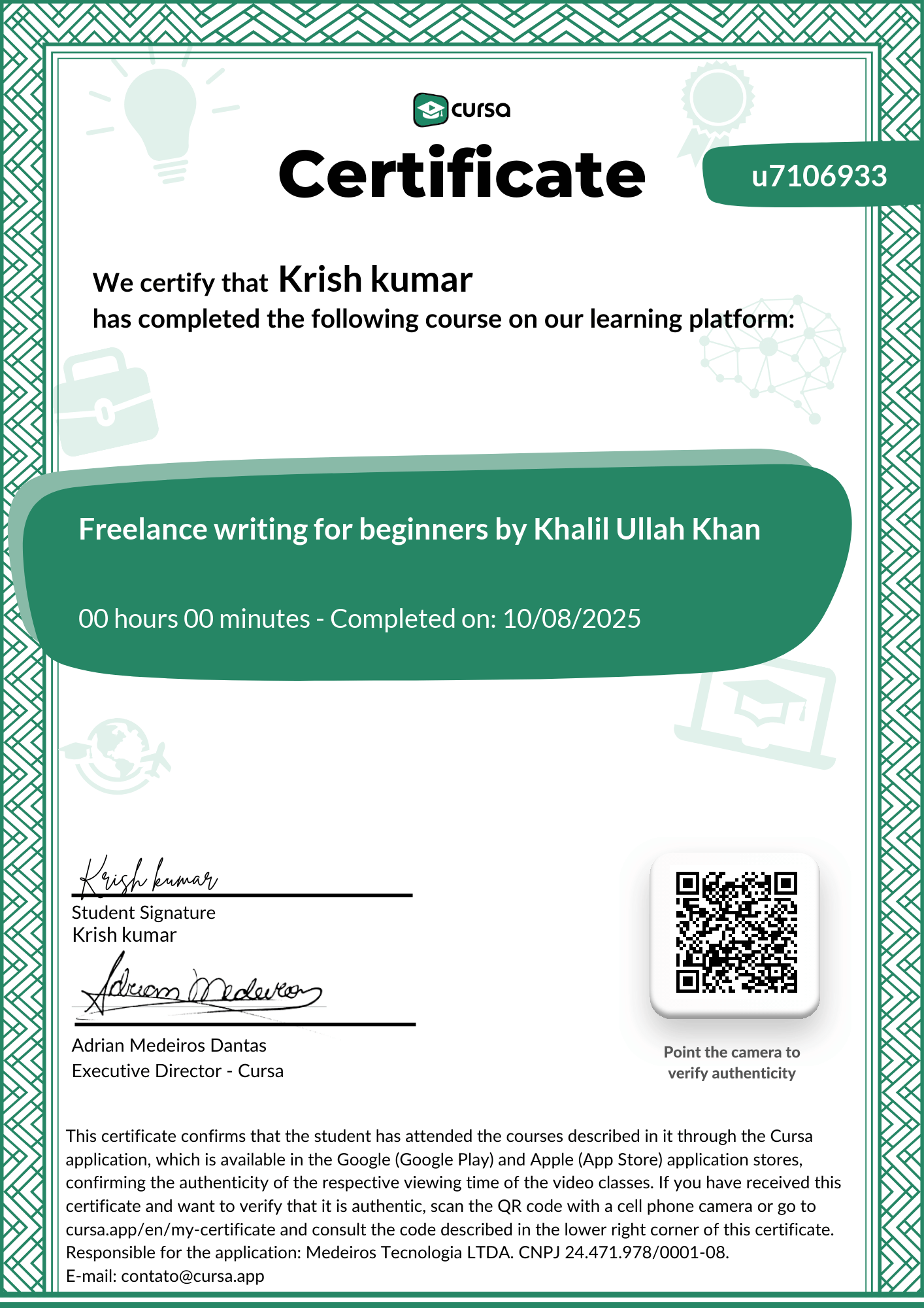 Image of my free Course Completion Certificate.