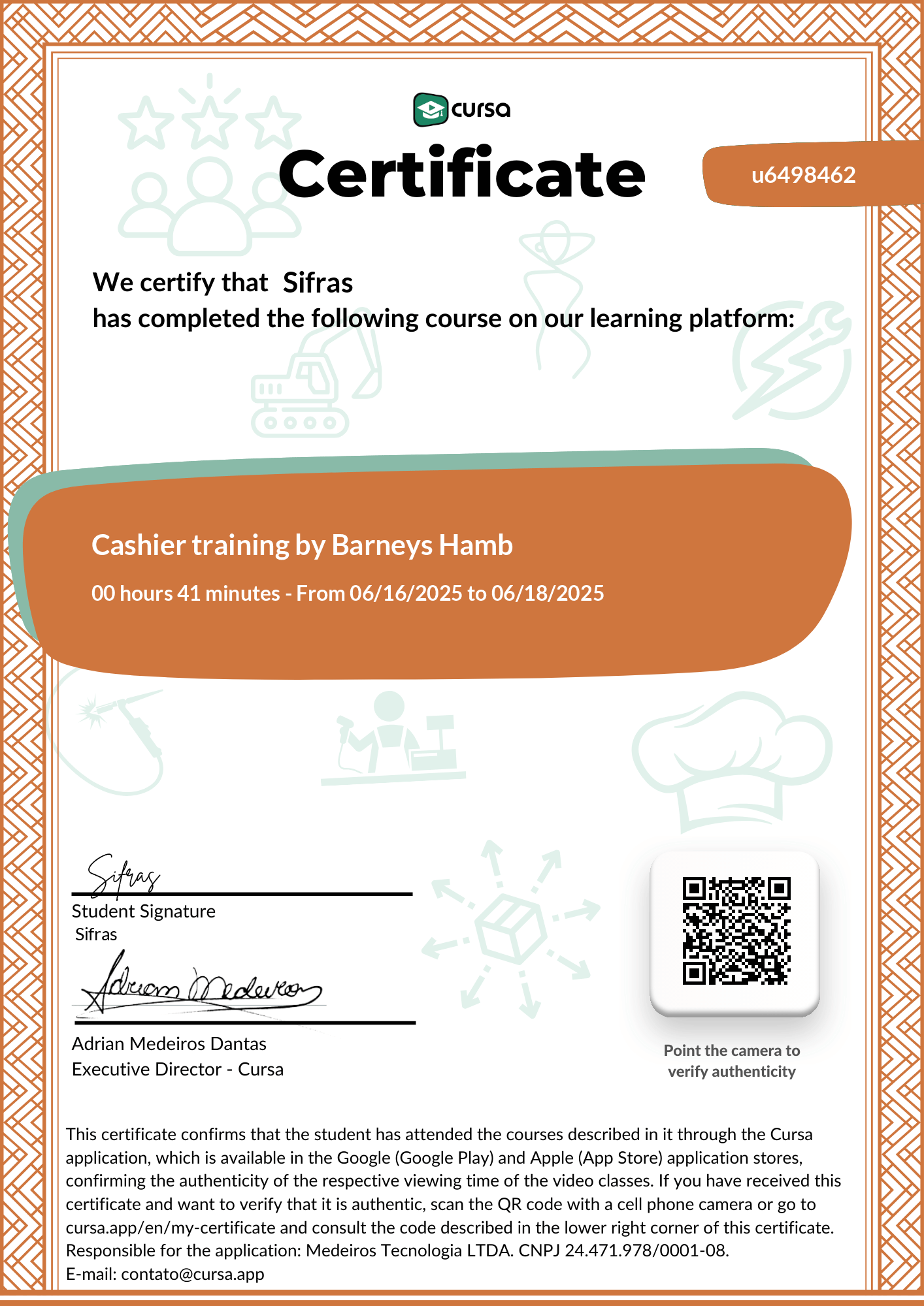 Image of my free Course Completion Certificate.