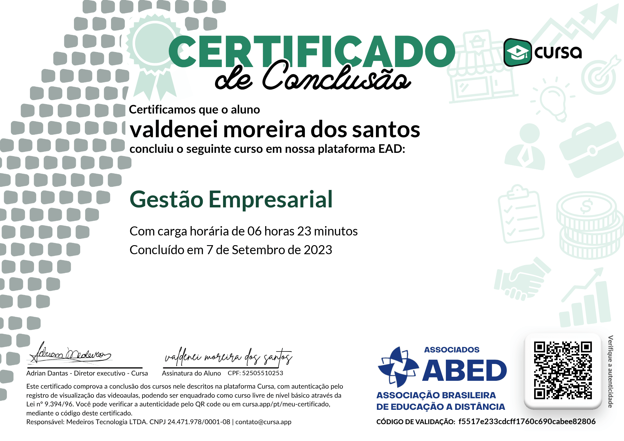 Imagem do meu Certificado gratuito de conclusão de curso.