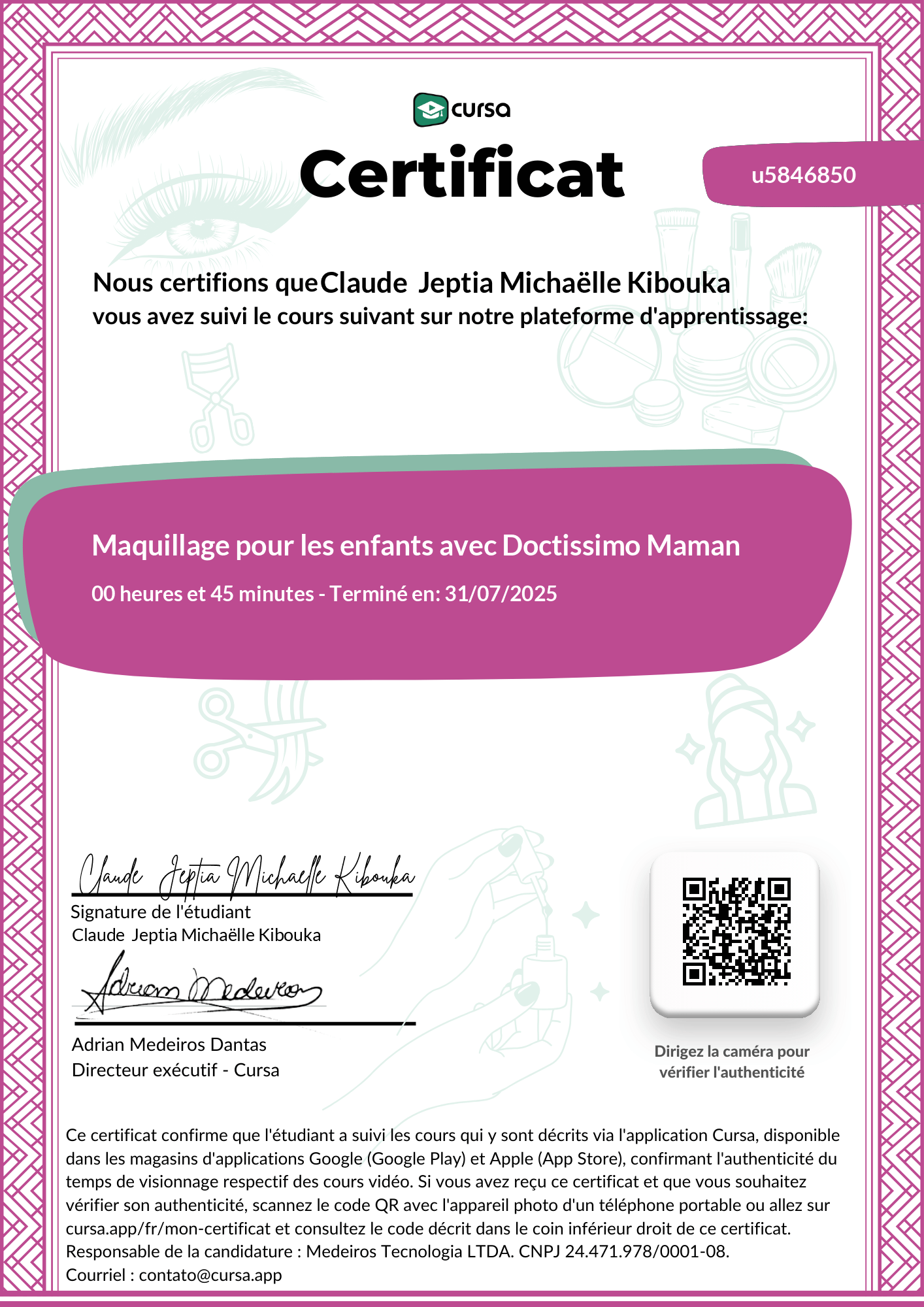 Image de mon certificat de fin de cours gratuit.