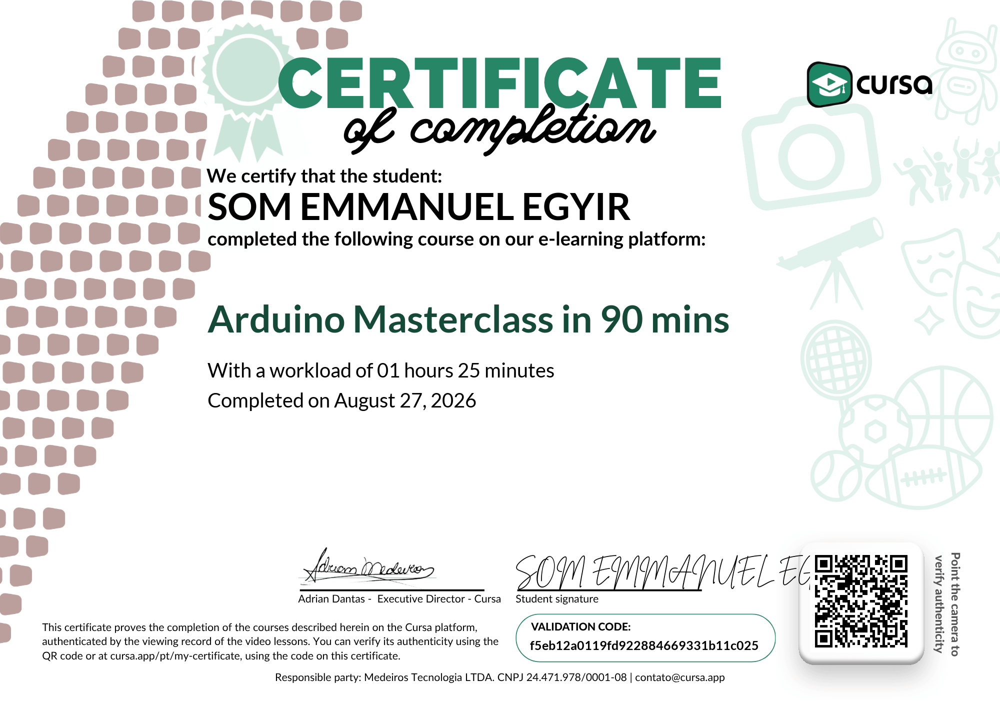 Image of my free Course Completion Certificate.