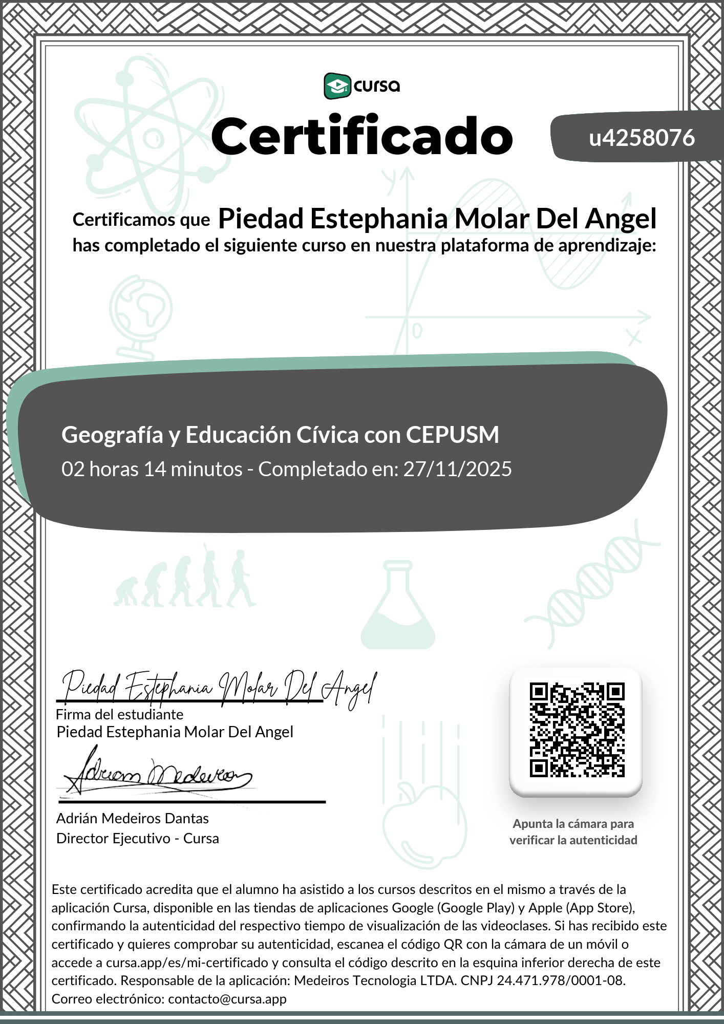 Imagen de mi Certificado de finalización del curso gratuito.