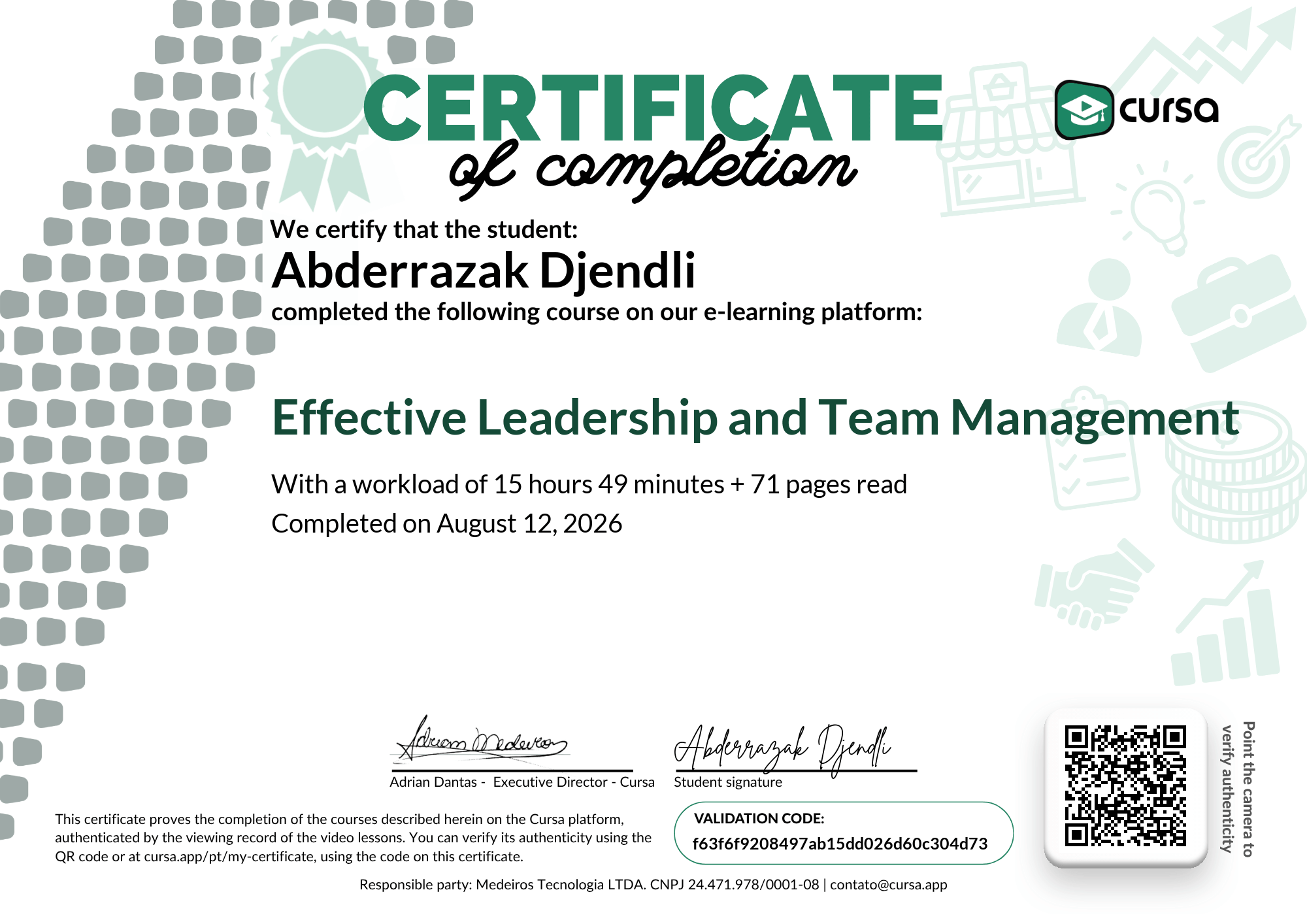 Image of my free Course Completion Certificate.
