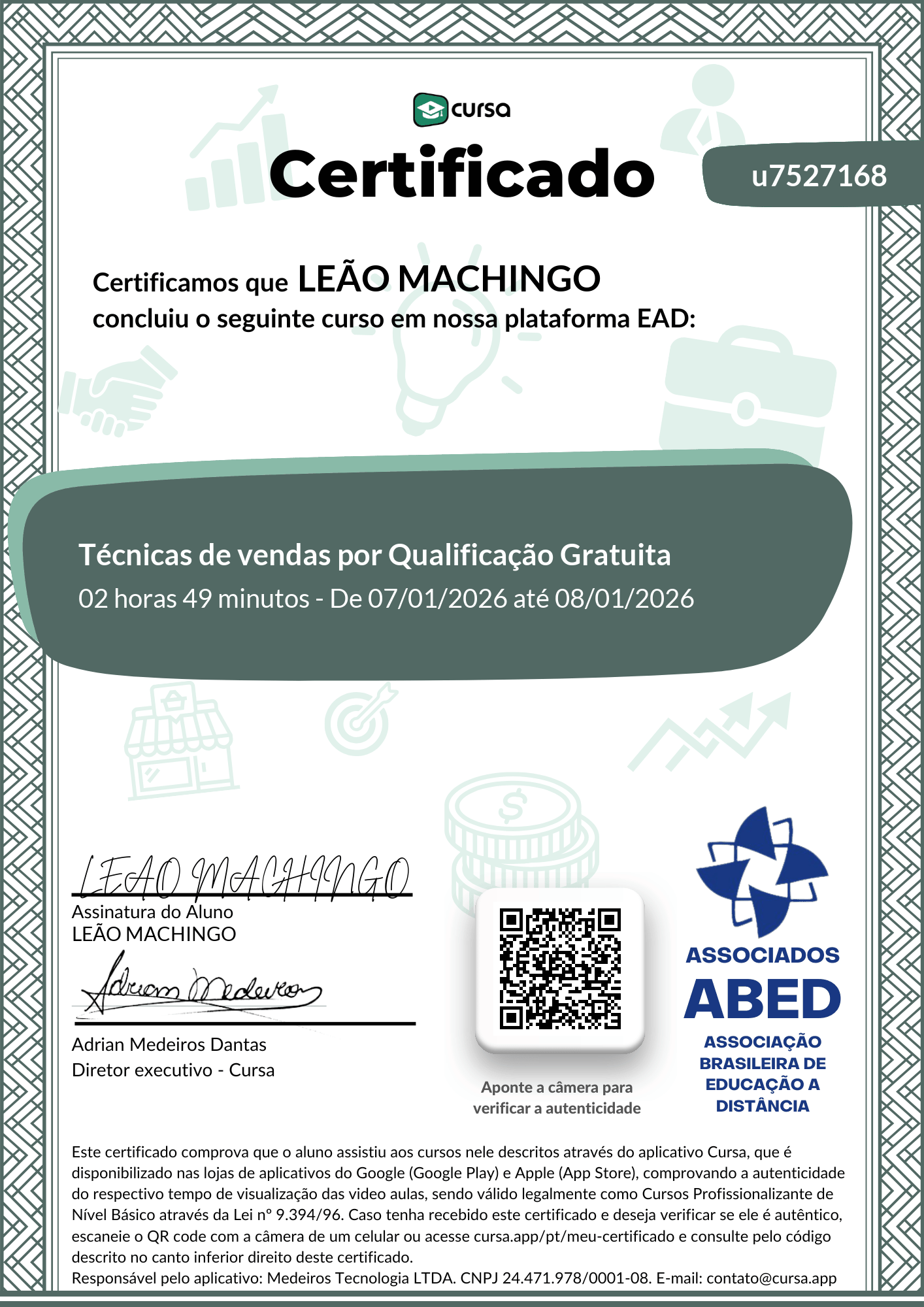 Imagem do meu Certificado gratuito de conclusão de curso.