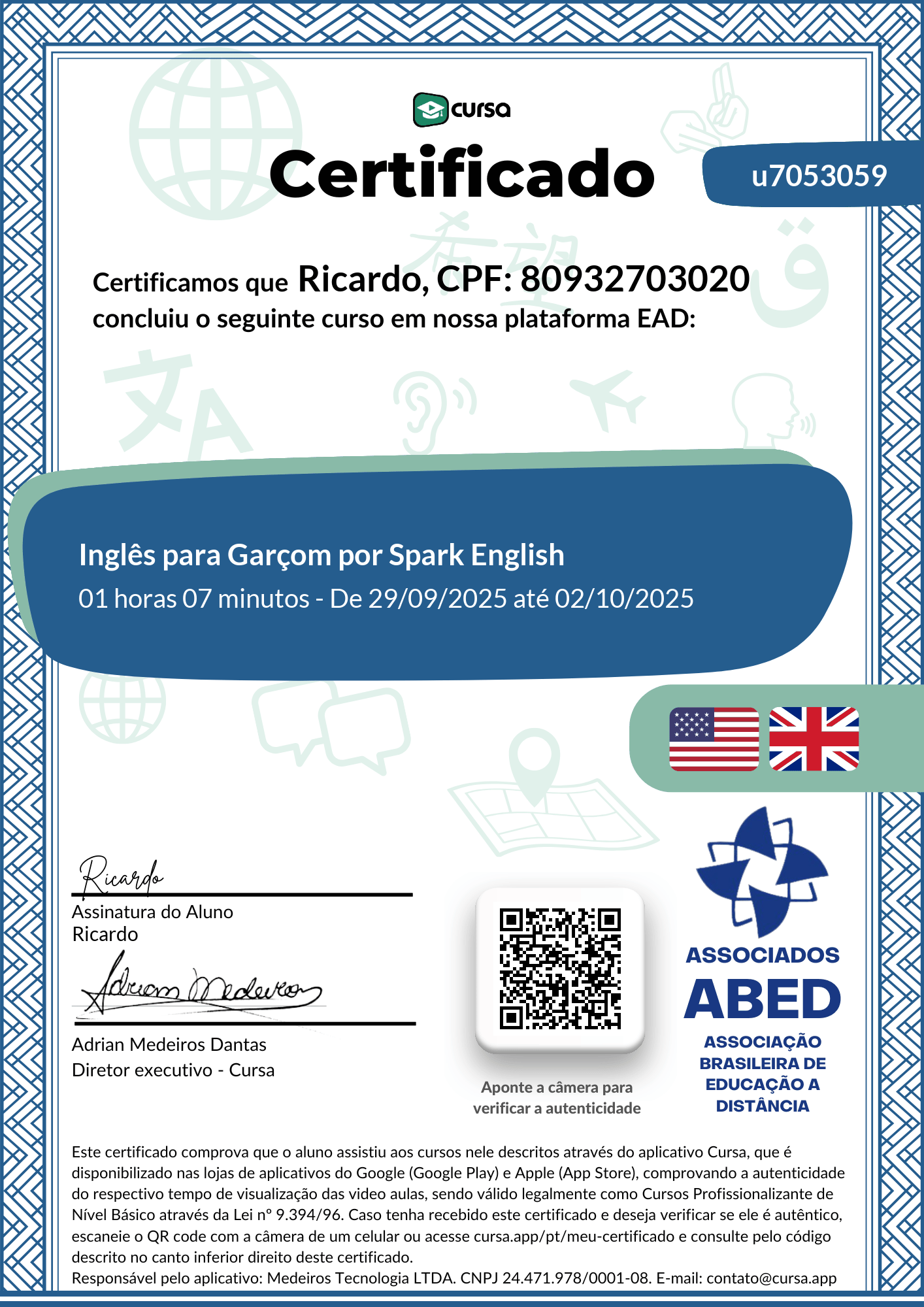 Imagem do meu Certificado gratuito de conclusão de curso.