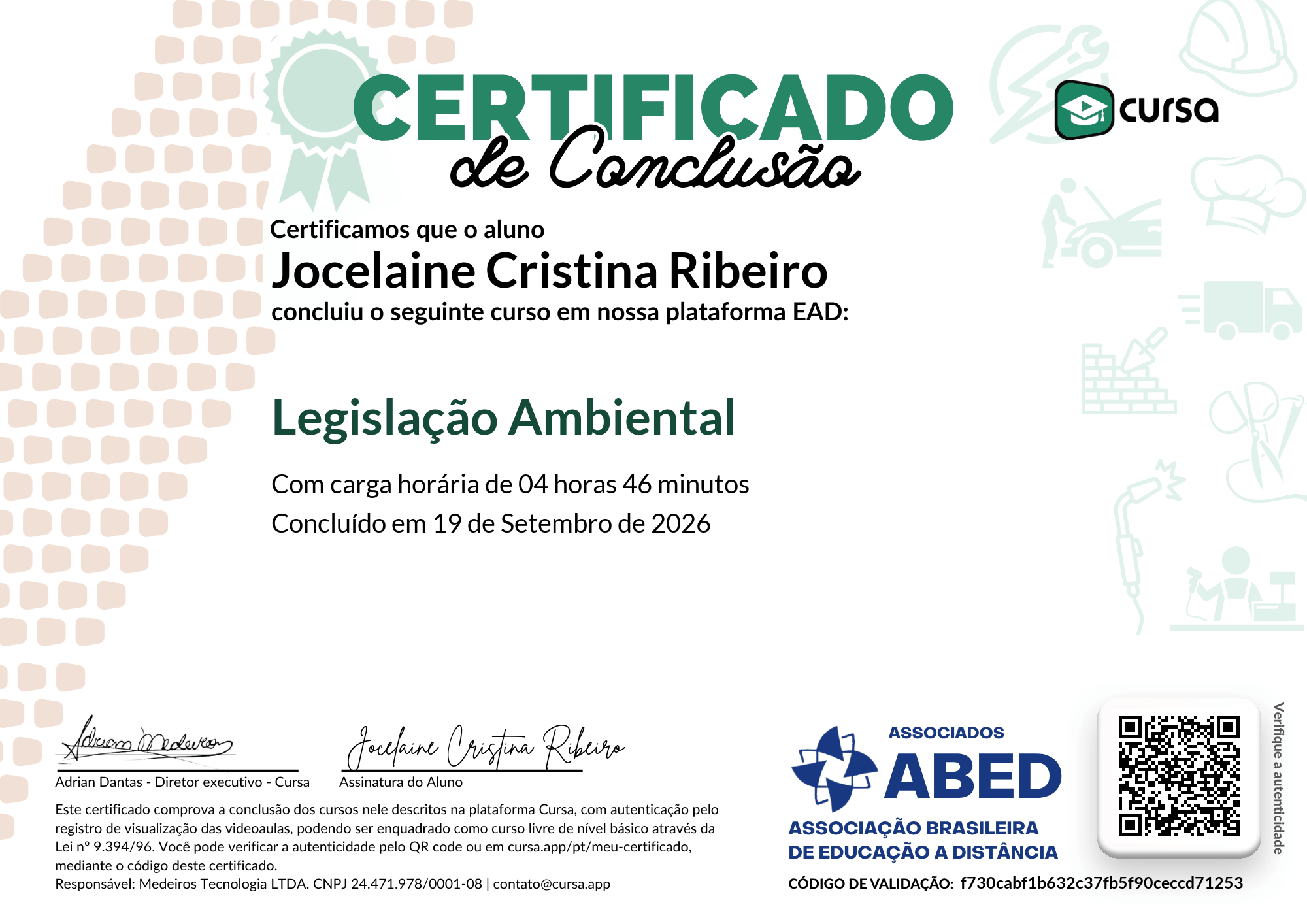 Imagem do meu Certificado gratuito de conclusão de curso.