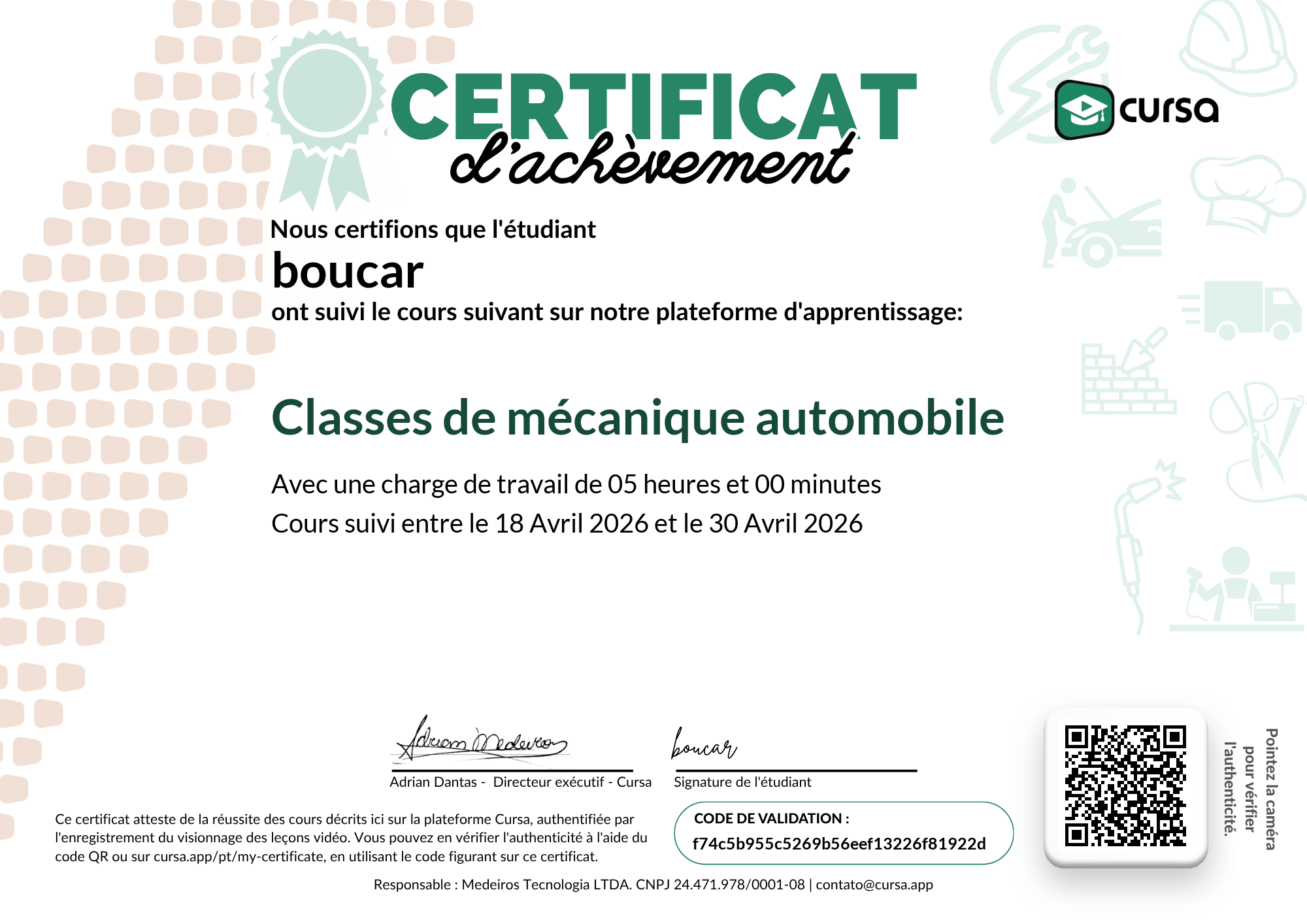 Image de mon certificat de fin de cours gratuit.