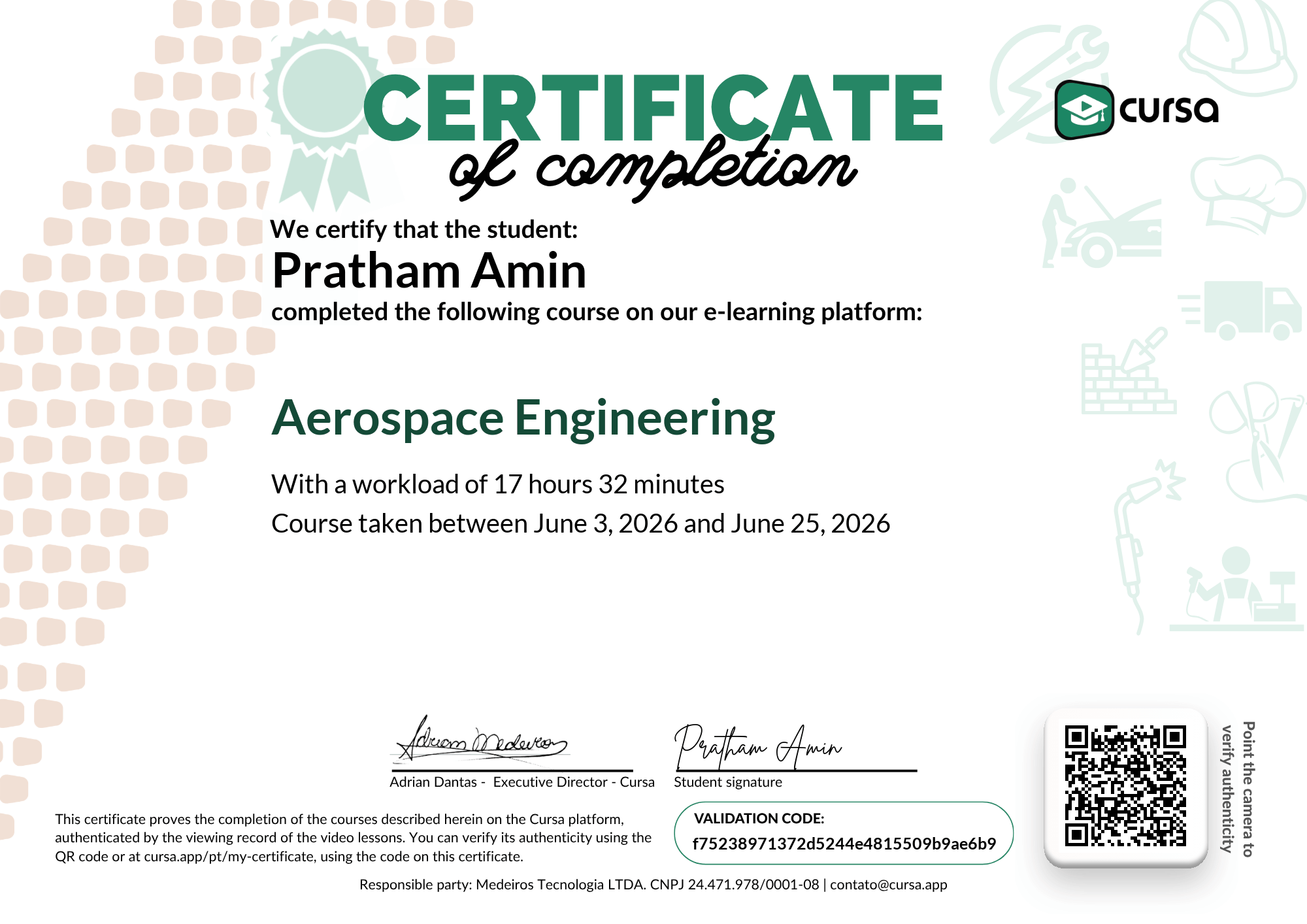 Image of my free Course Completion Certificate.