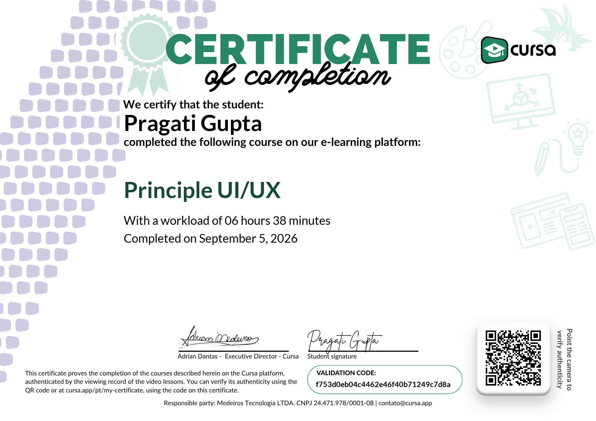 Image of my free Course Completion Certificate.