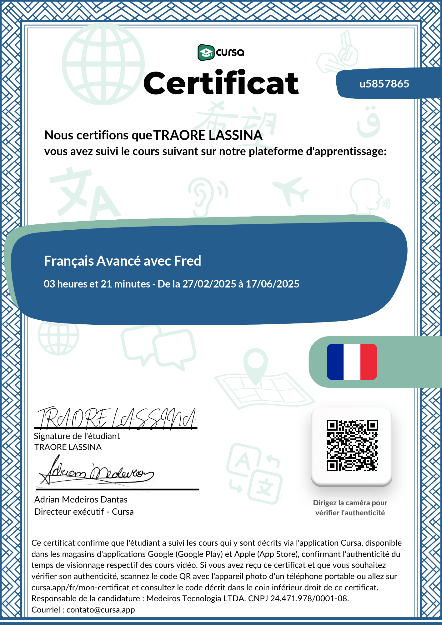 Image de mon certificat de fin de cours gratuit.