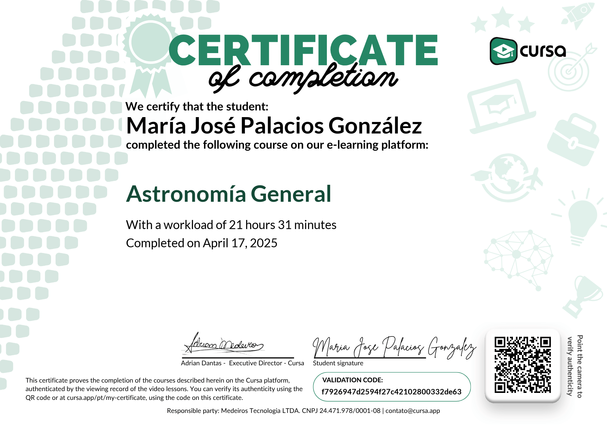 Image of my free Course Completion Certificate.