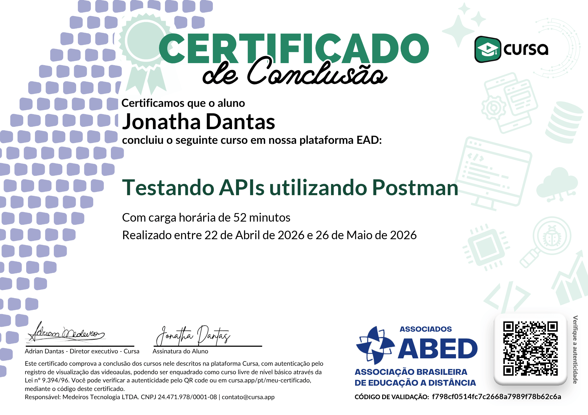 Imagem do meu Certificado gratuito de conclusão de curso.