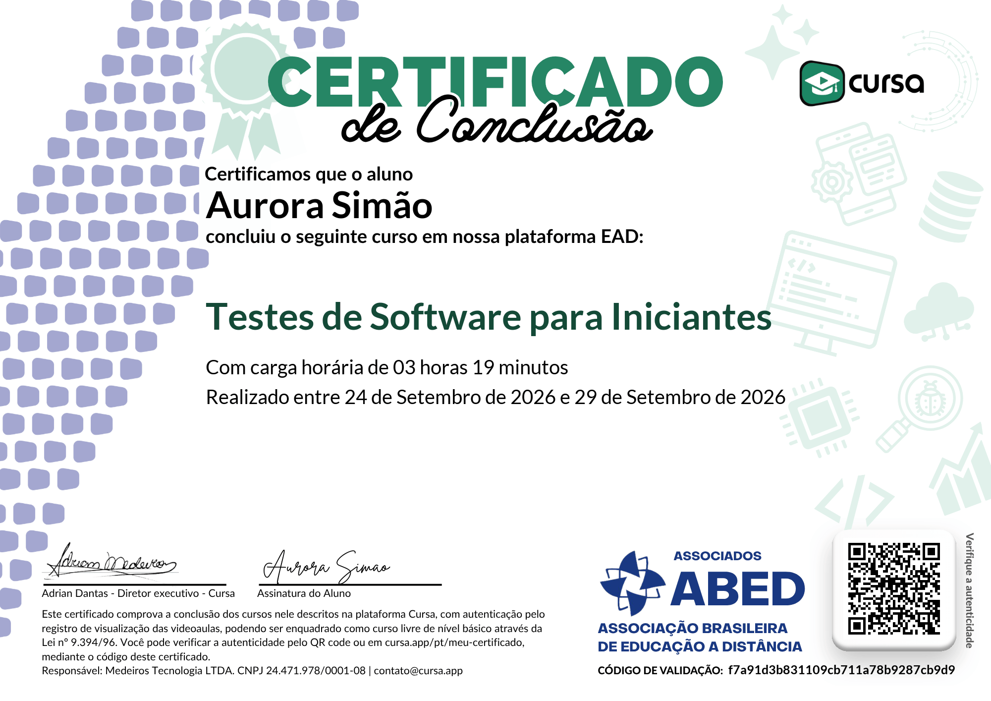 Imagem do meu Certificado gratuito de conclusão de curso.