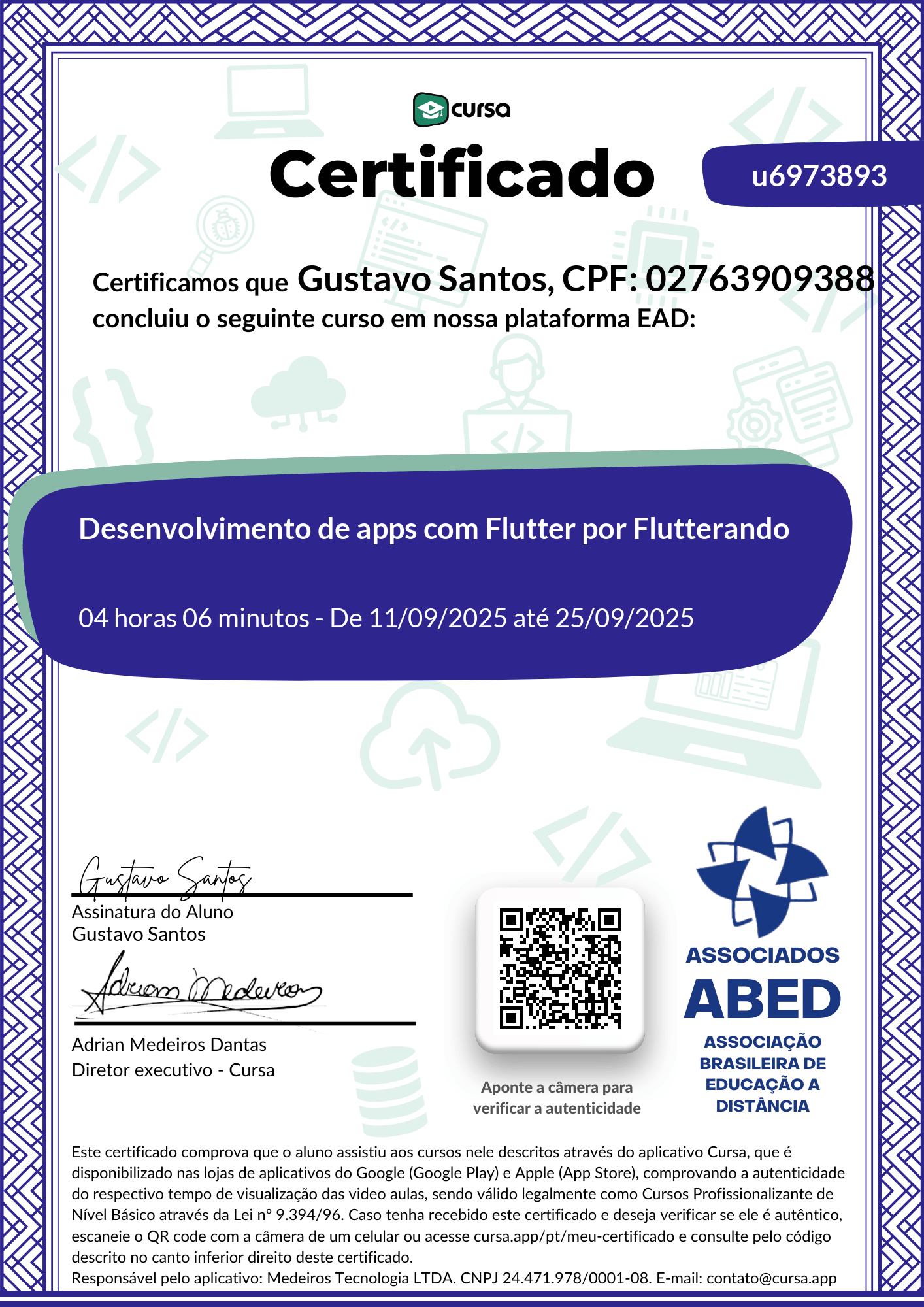 Imagem do meu Certificado gratuito de conclusão de curso.
