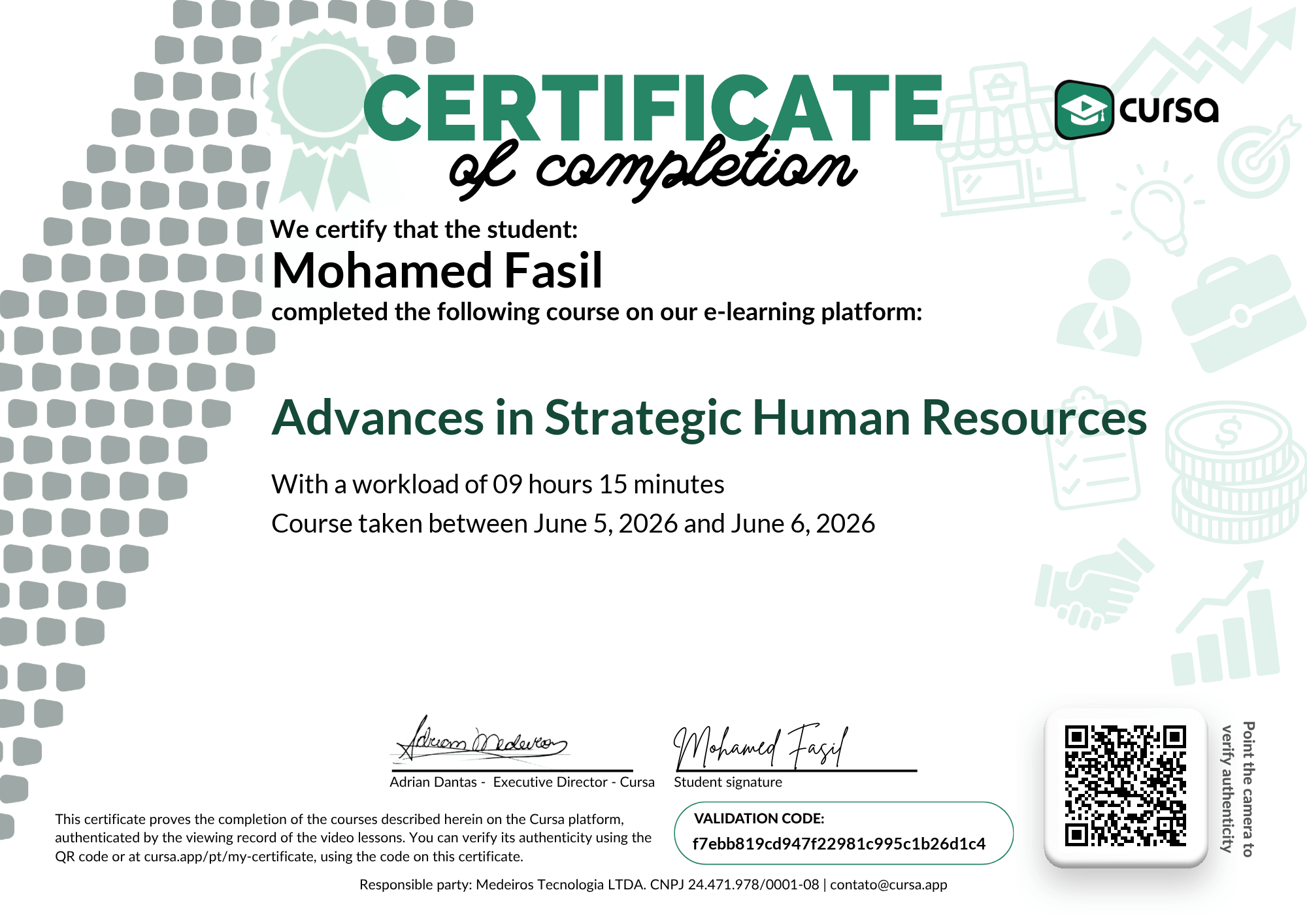 Image of my free Course Completion Certificate.