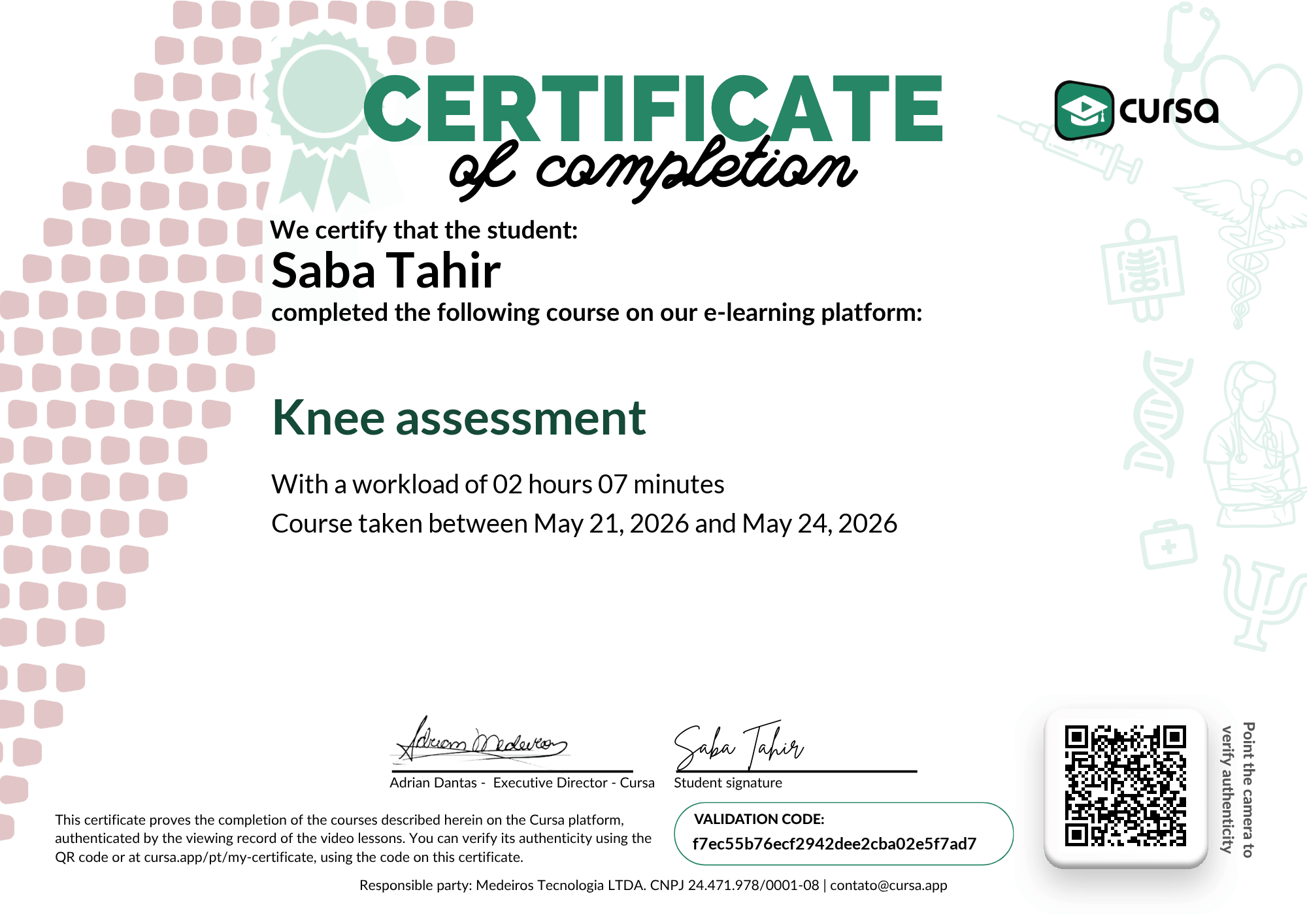 Image of my free Course Completion Certificate.