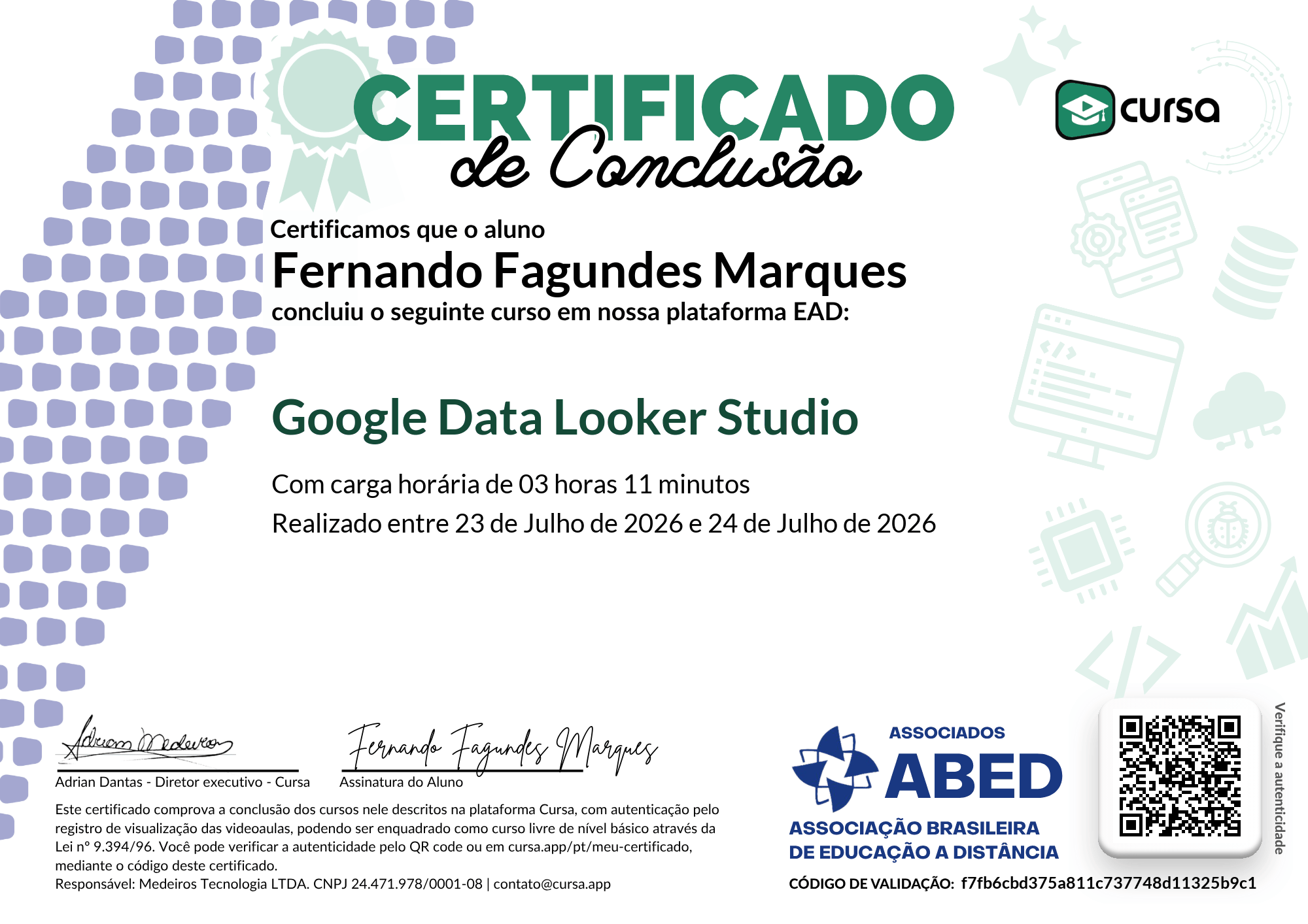 Imagem do meu Certificado gratuito de conclusão de curso.
