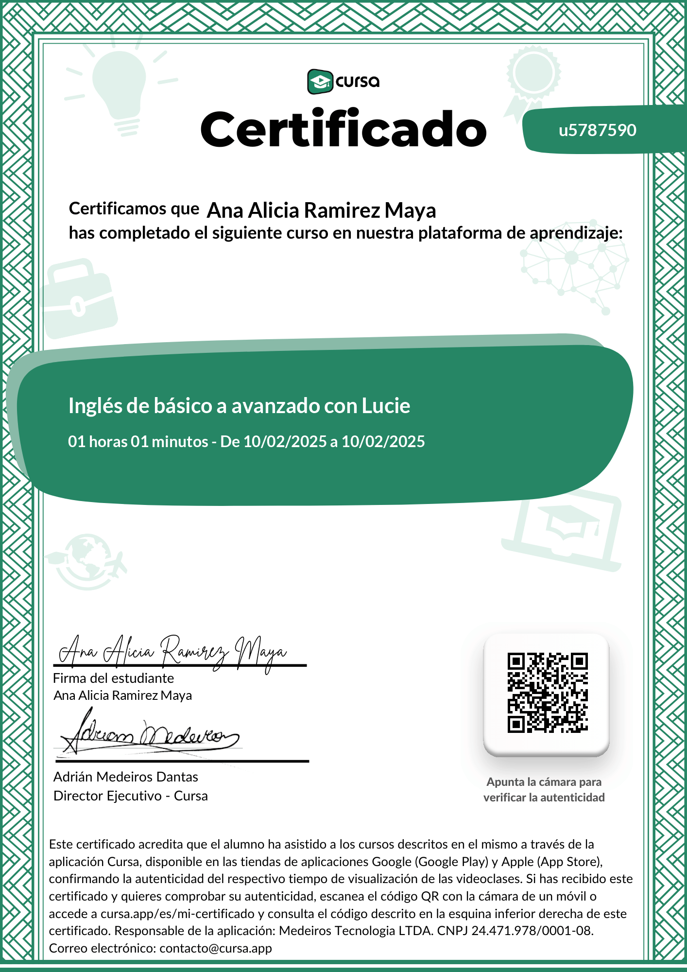 Imagen de mi Certificado de finalización del curso gratuito.