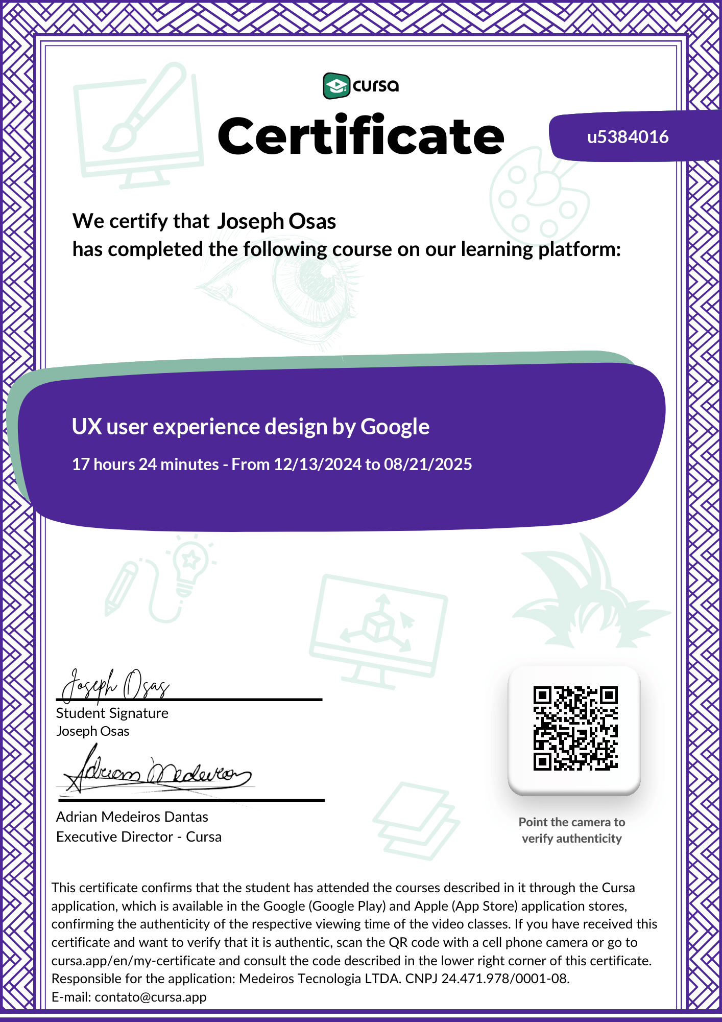 Image of my free Course Completion Certificate.