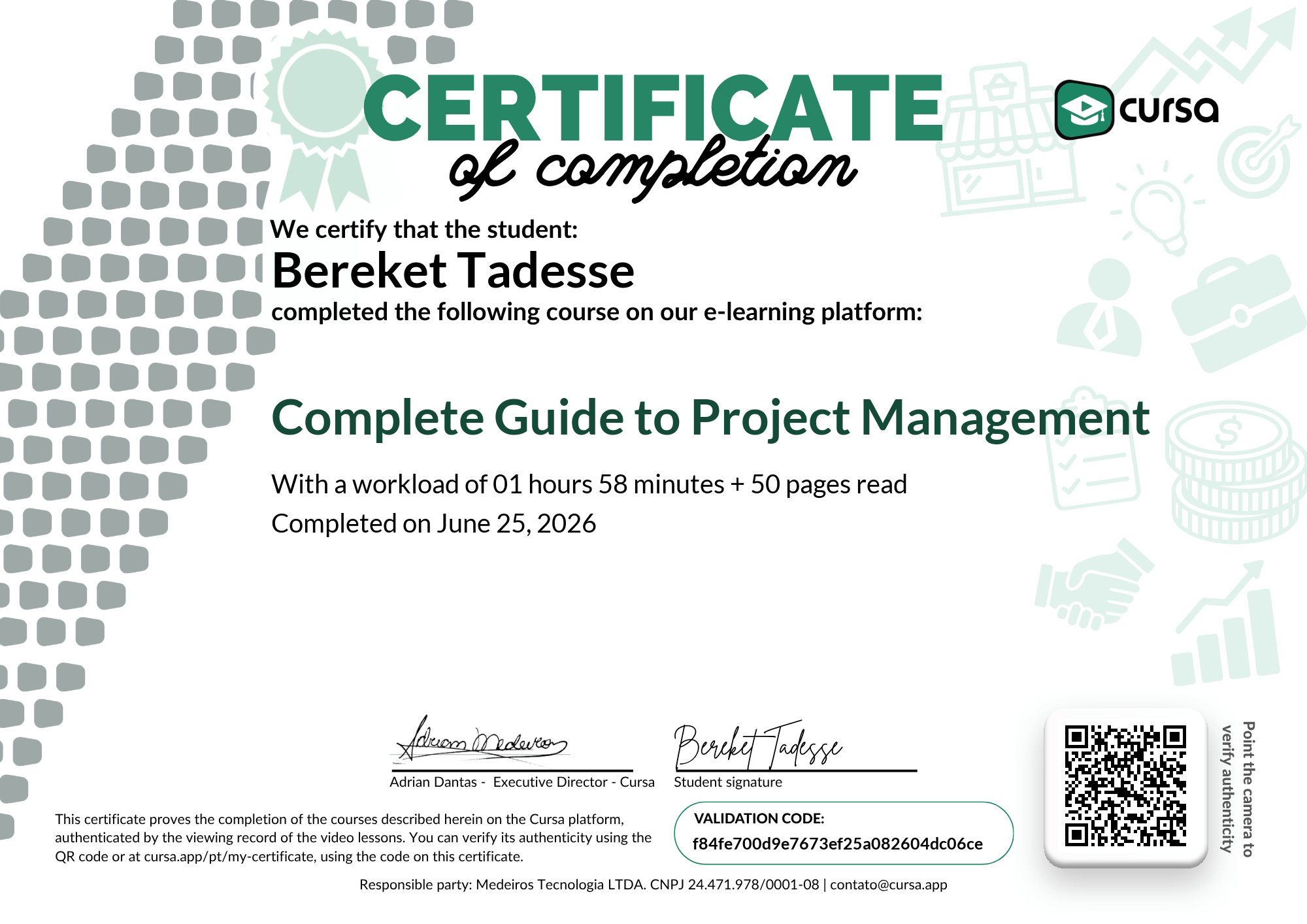 Image of my free Course Completion Certificate.