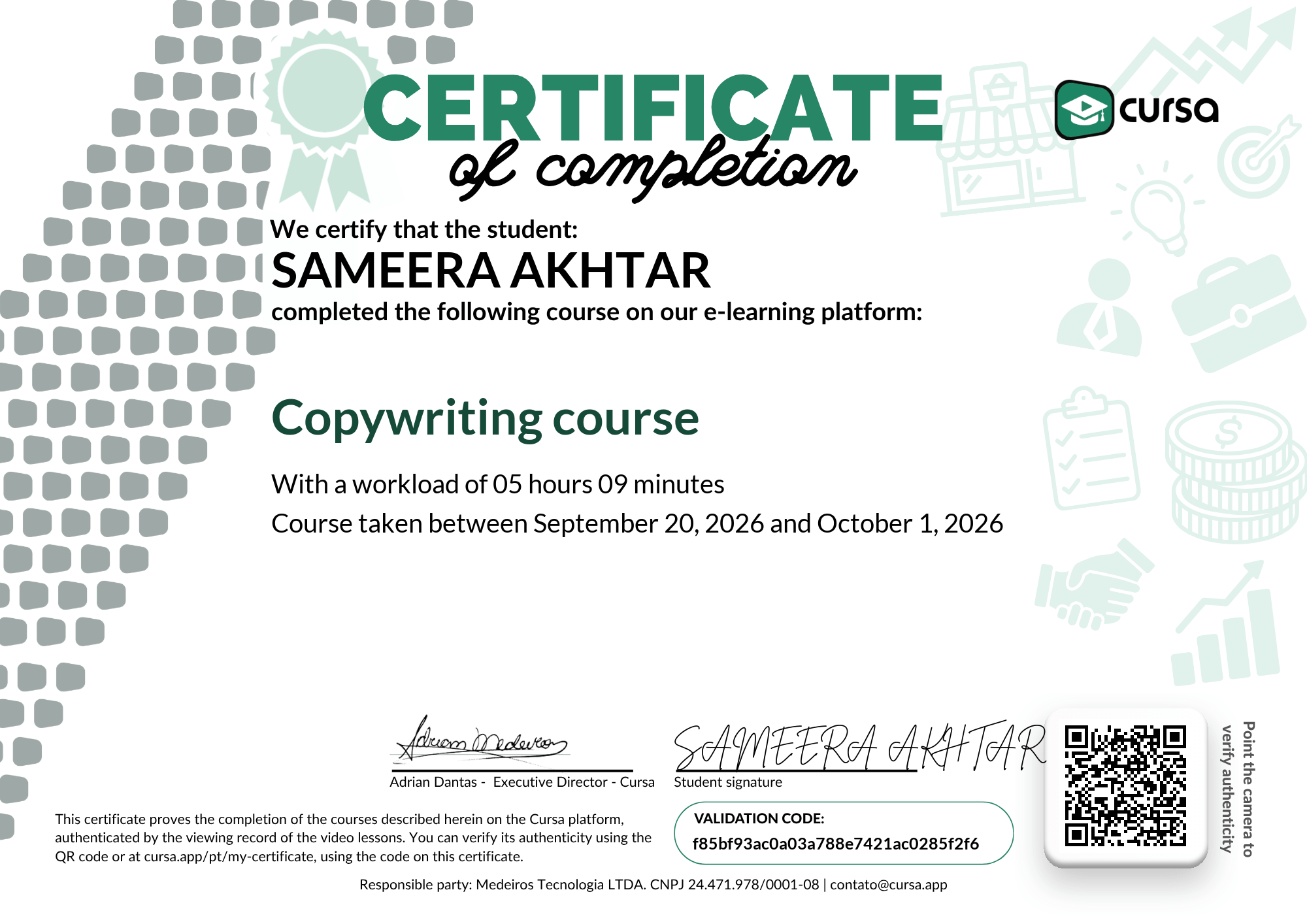 Image of my free Course Completion Certificate.