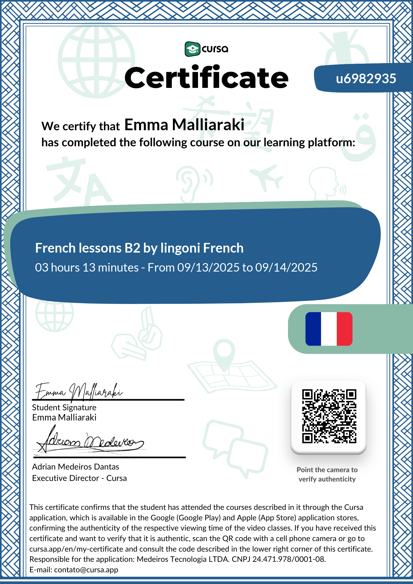 Image of my free Course Completion Certificate.