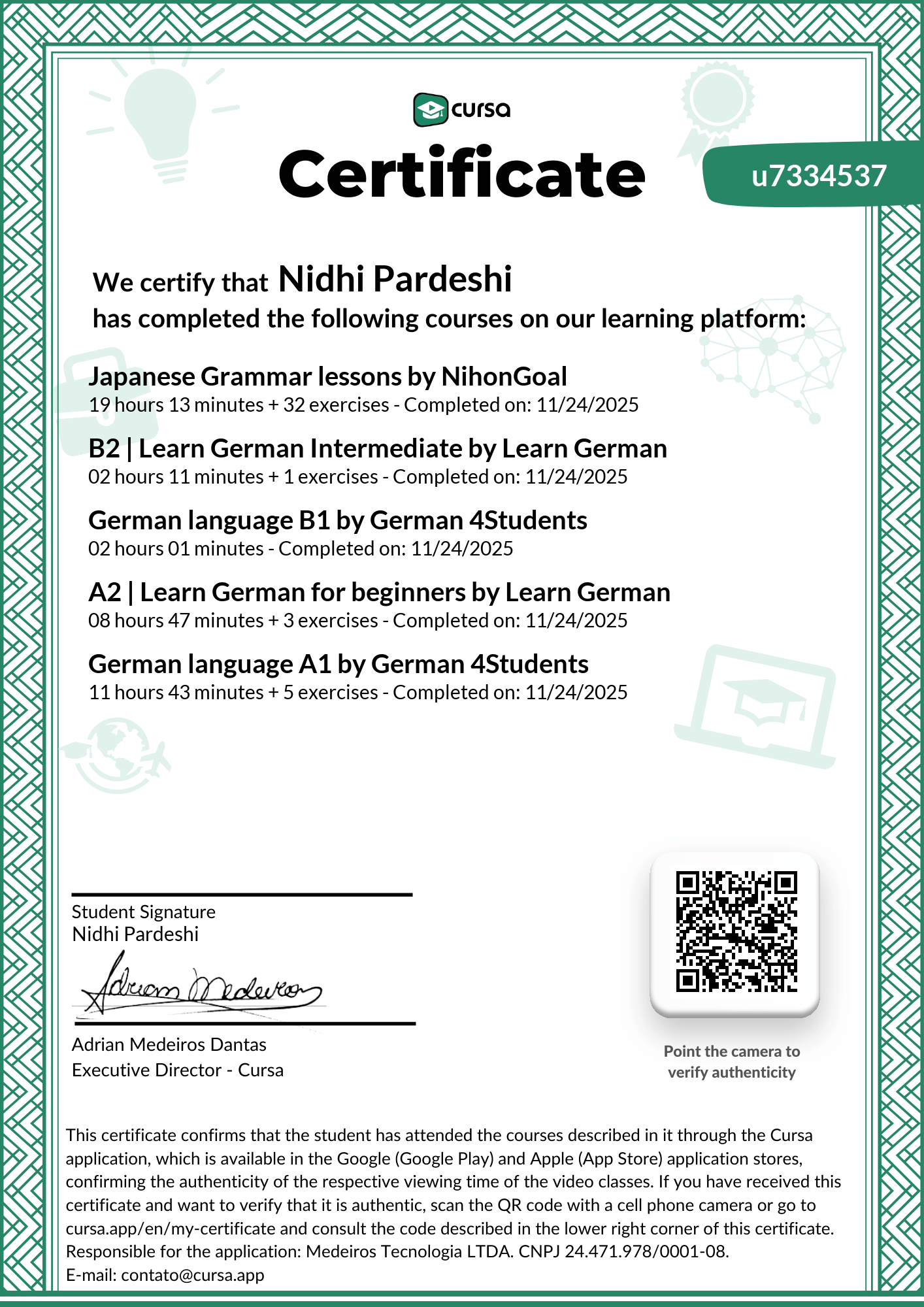 Image of my free Course Completion Certificate.