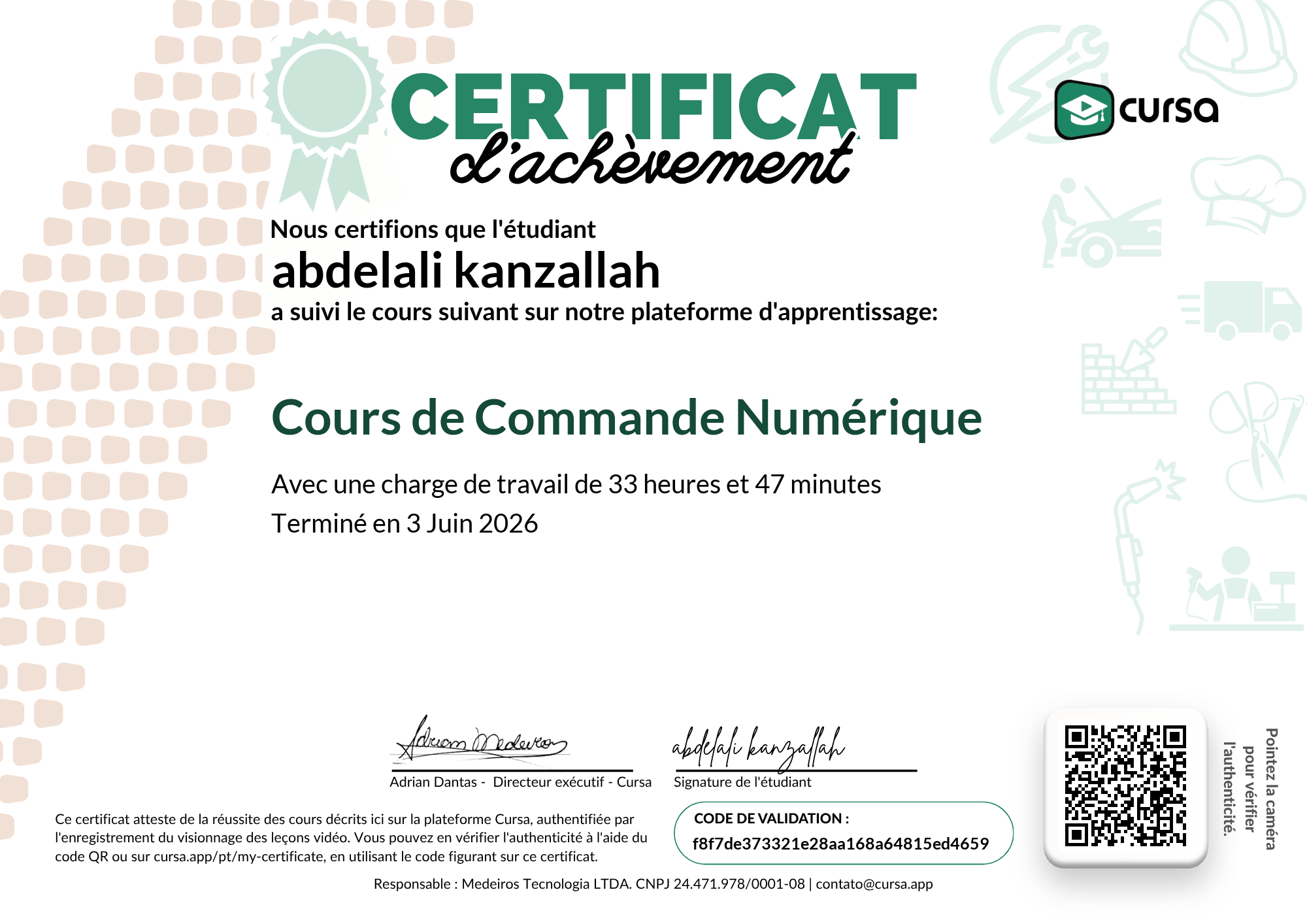 Image de mon certificat de fin de cours gratuit.