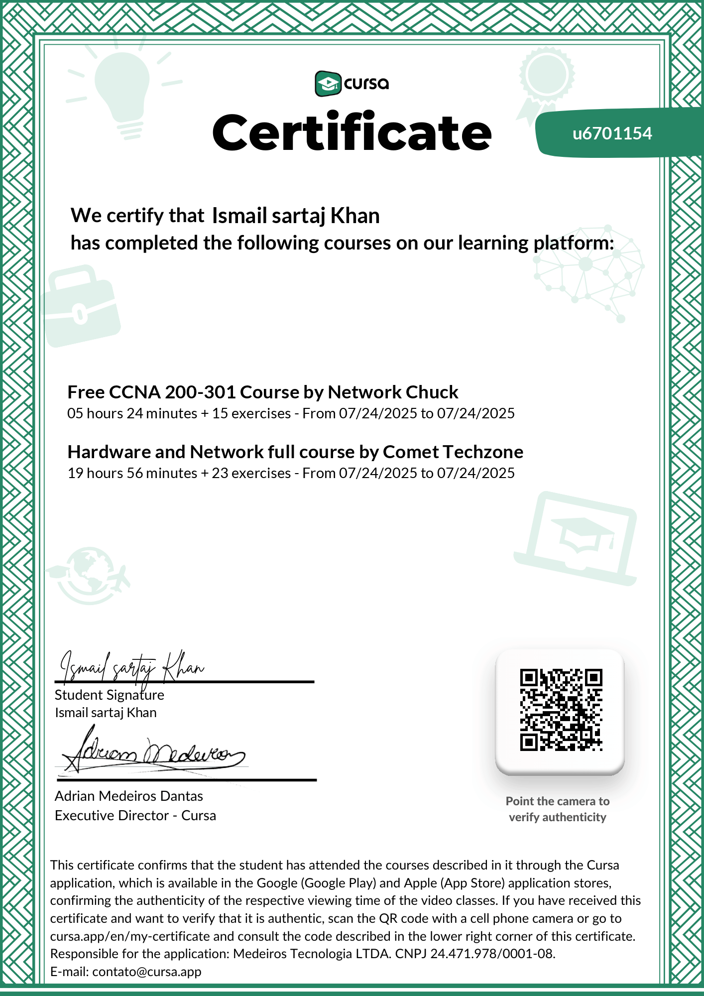 Image of my free Course Completion Certificate.