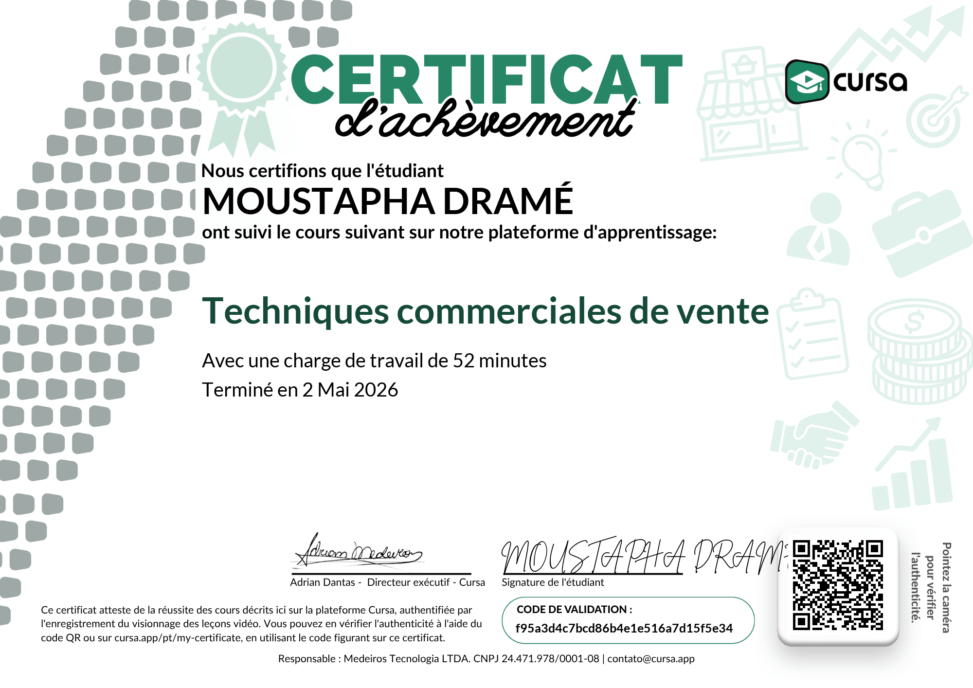 Image de mon certificat de fin de cours gratuit.