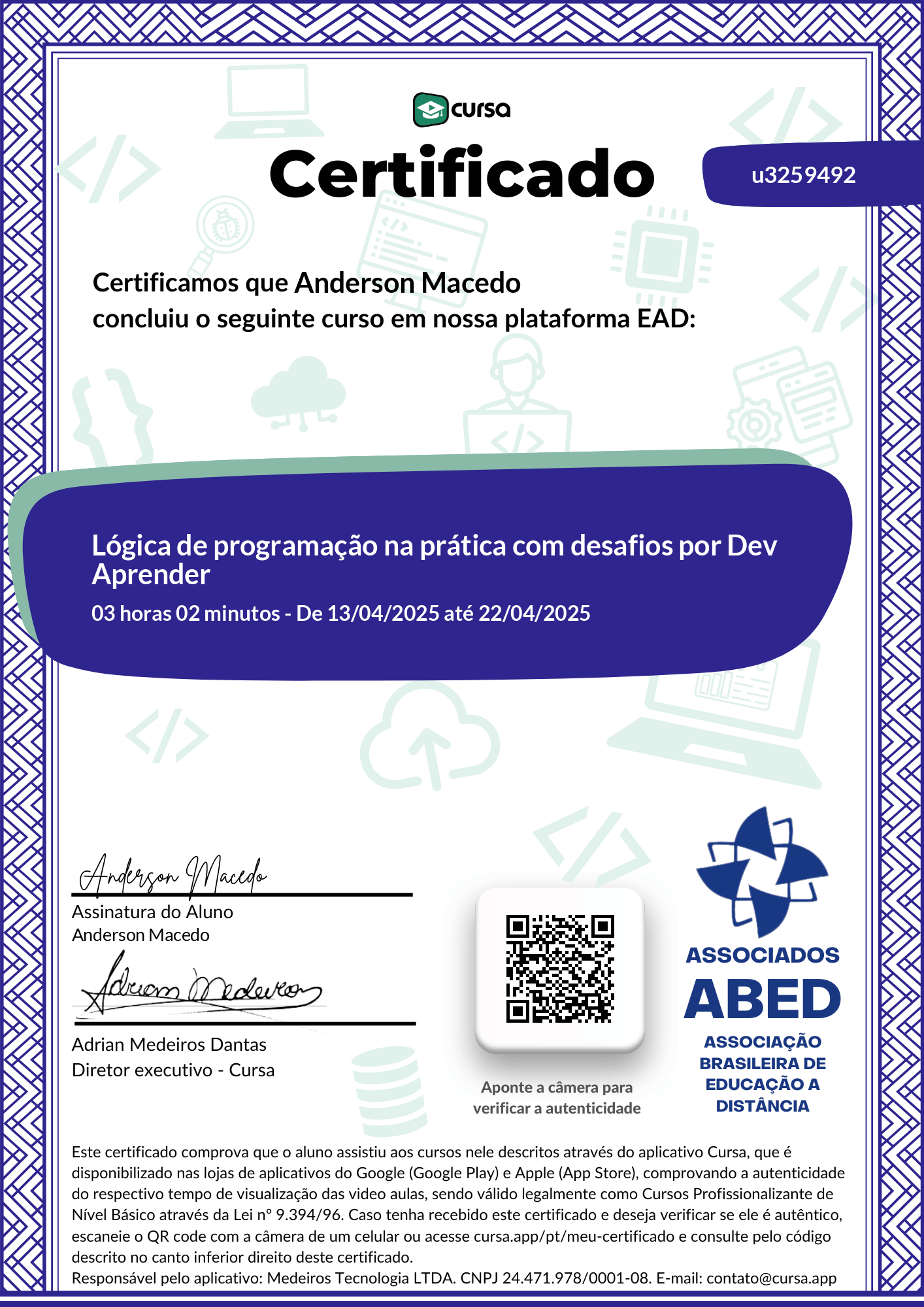 Imagem do meu Certificado gratuito de conclusão de curso.