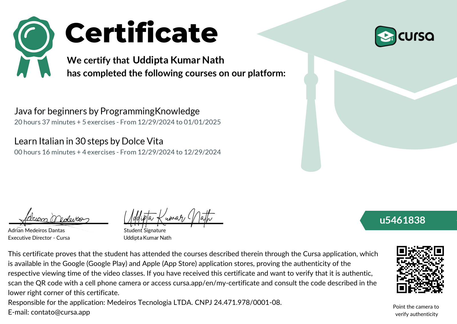 Image of my free Course Completion Certificate.