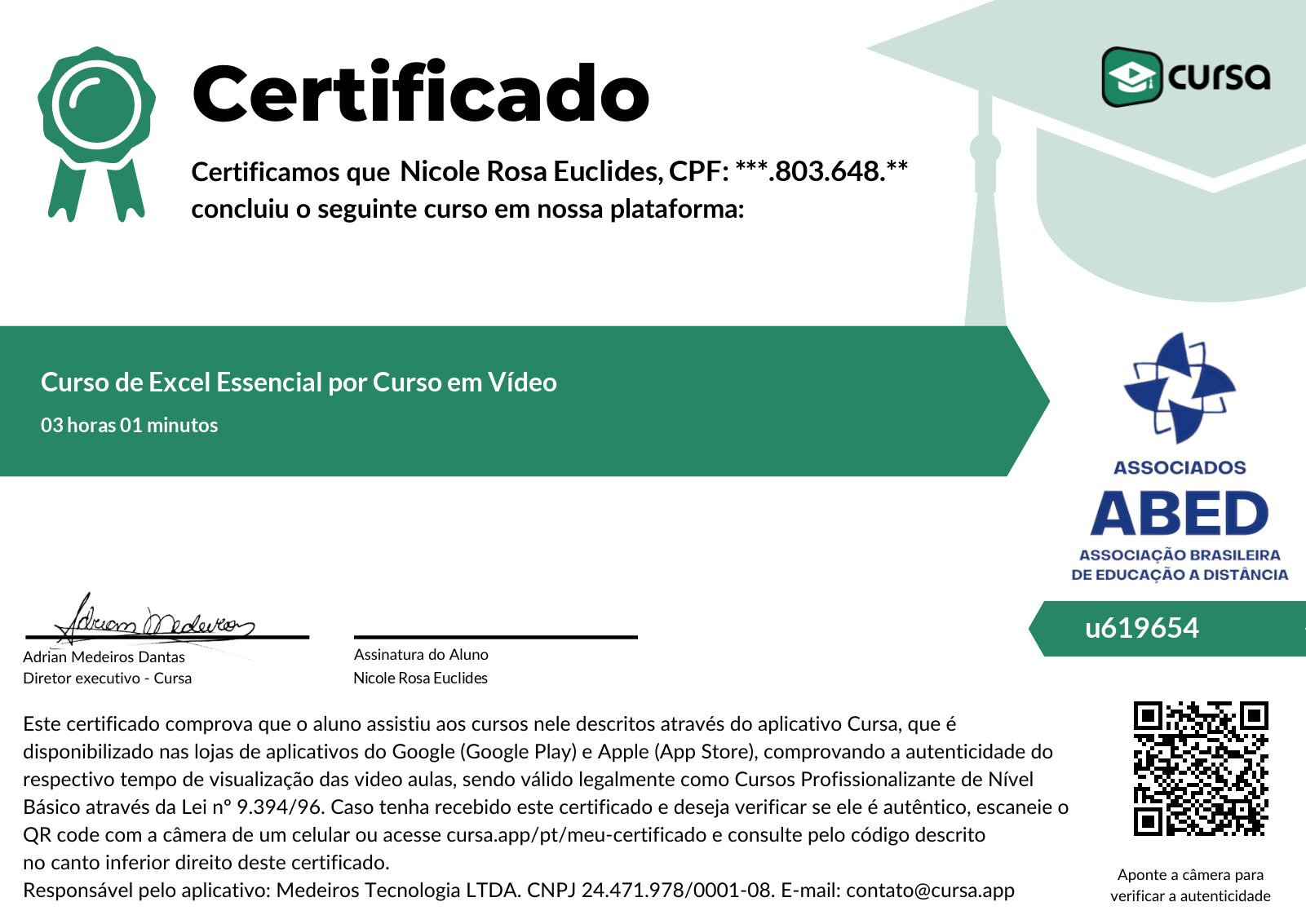 Imagem do meu Certificado gratuito de conclusão de curso.