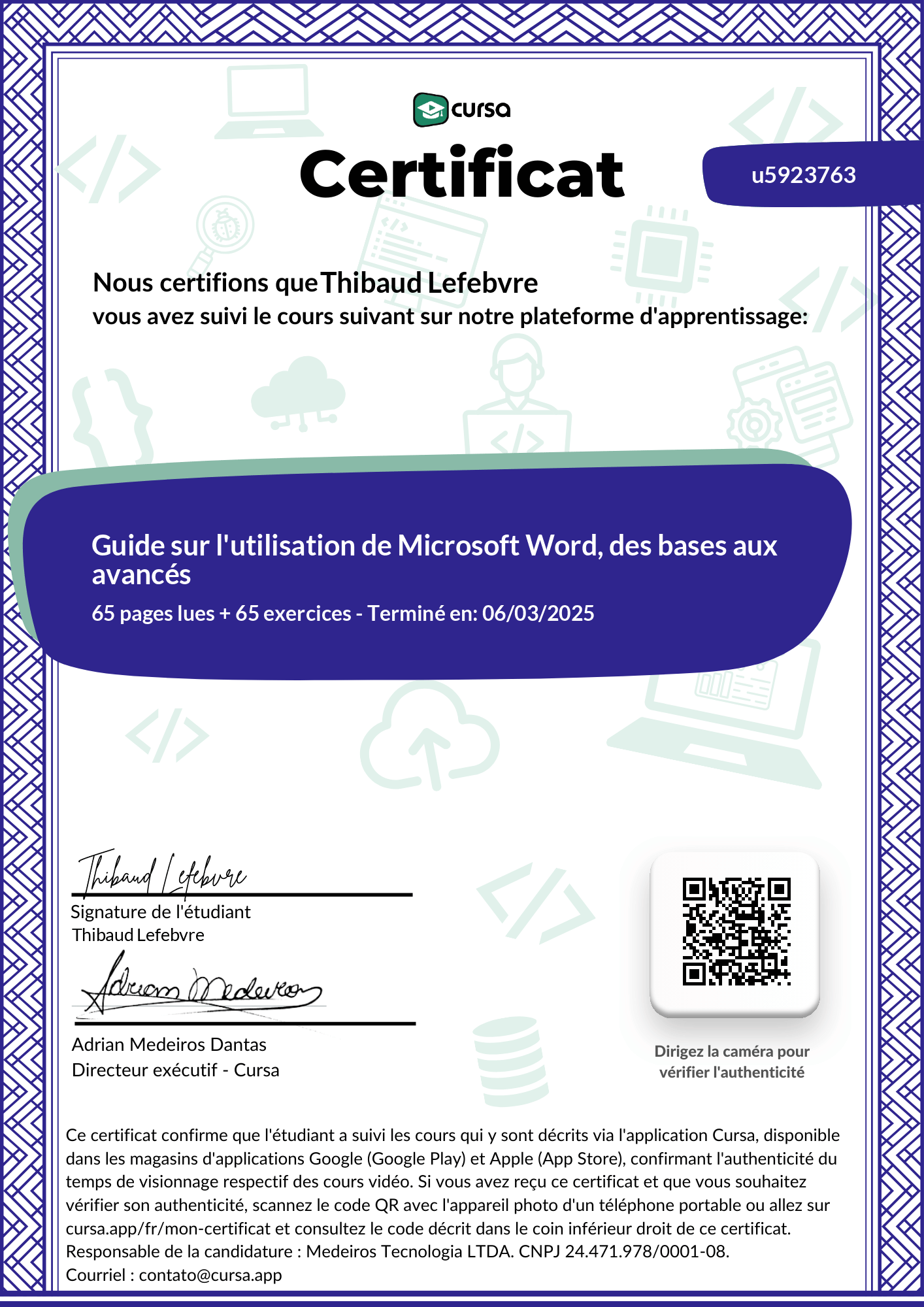 Image de mon certificat de fin de cours gratuit.