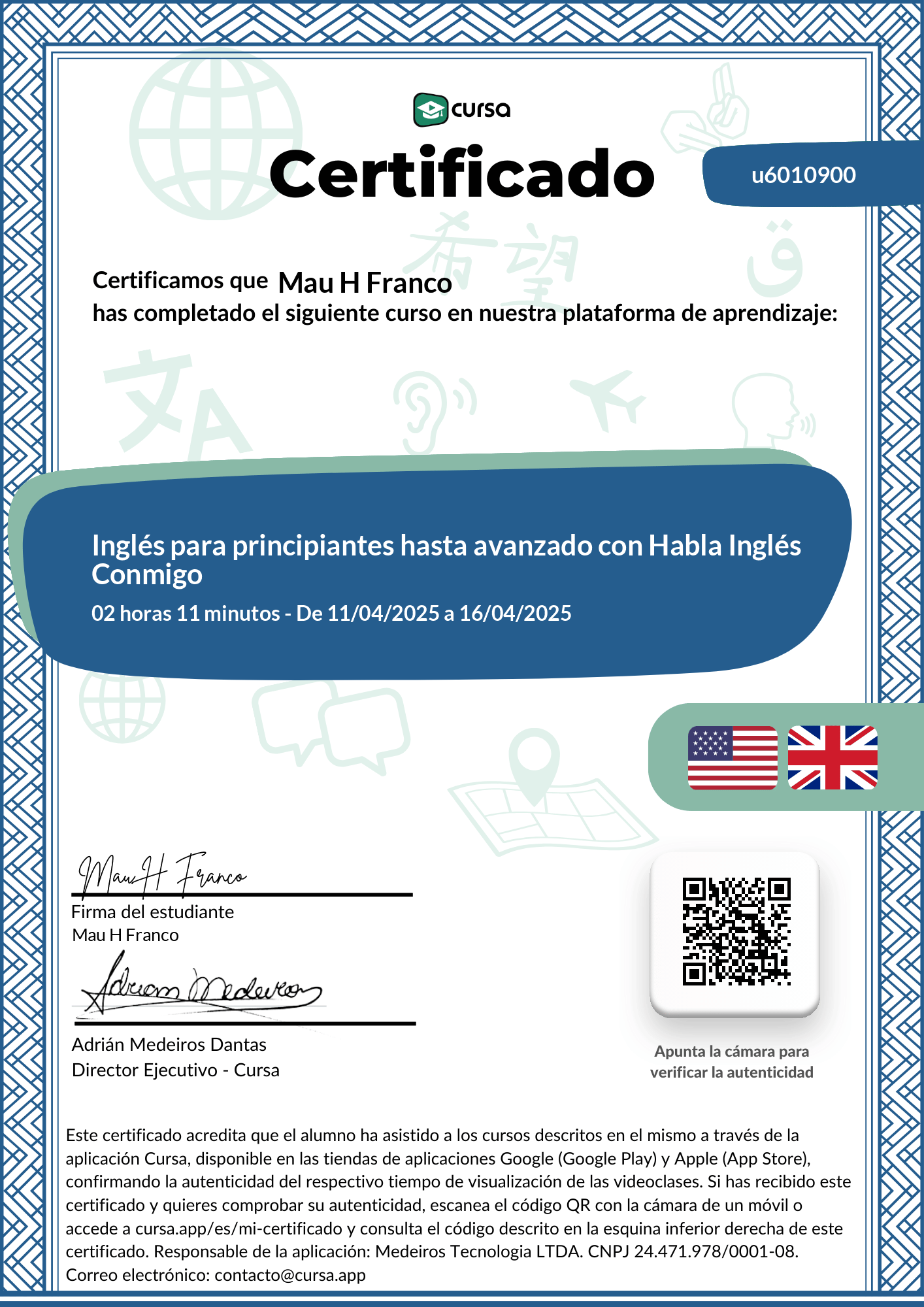 Imagen de mi Certificado de finalización del curso gratuito.