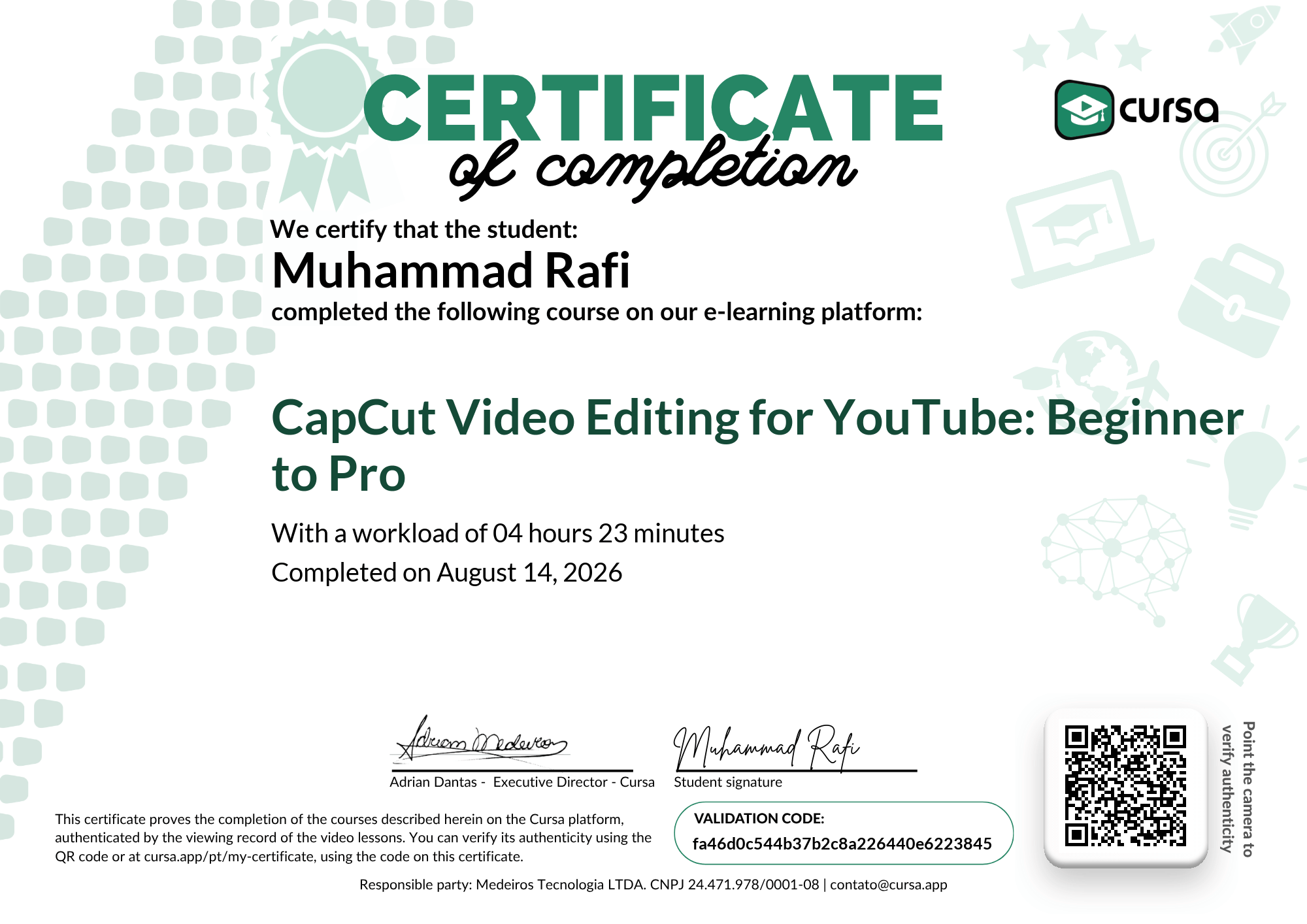 Image of my free Course Completion Certificate.