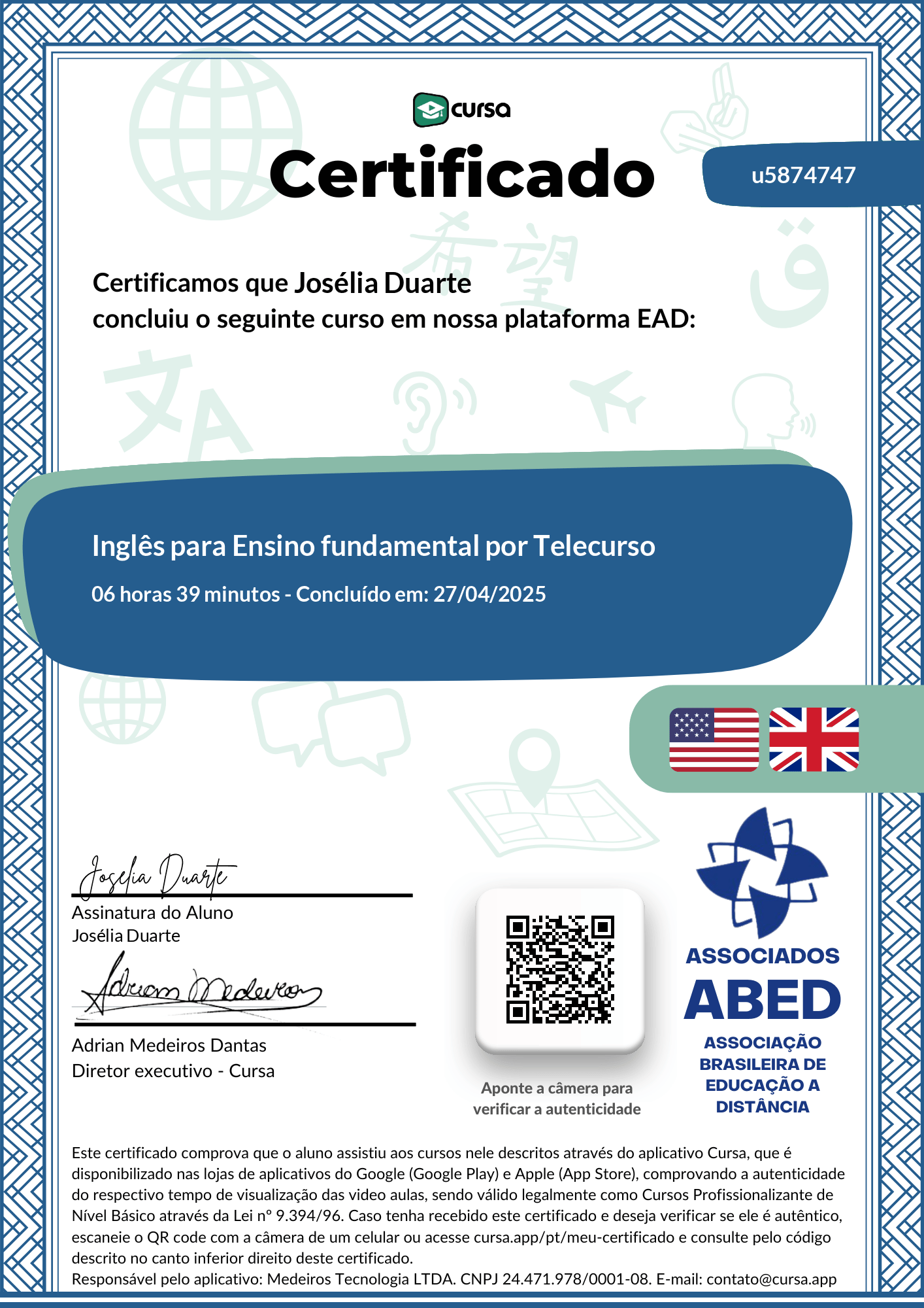 Imagem do meu Certificado gratuito de conclusão de curso.