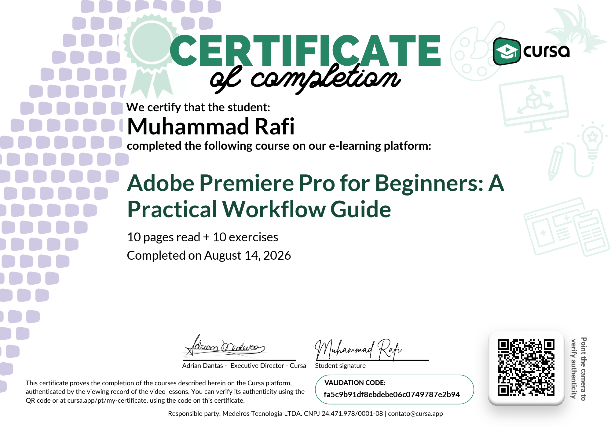 Image of my free Course Completion Certificate.