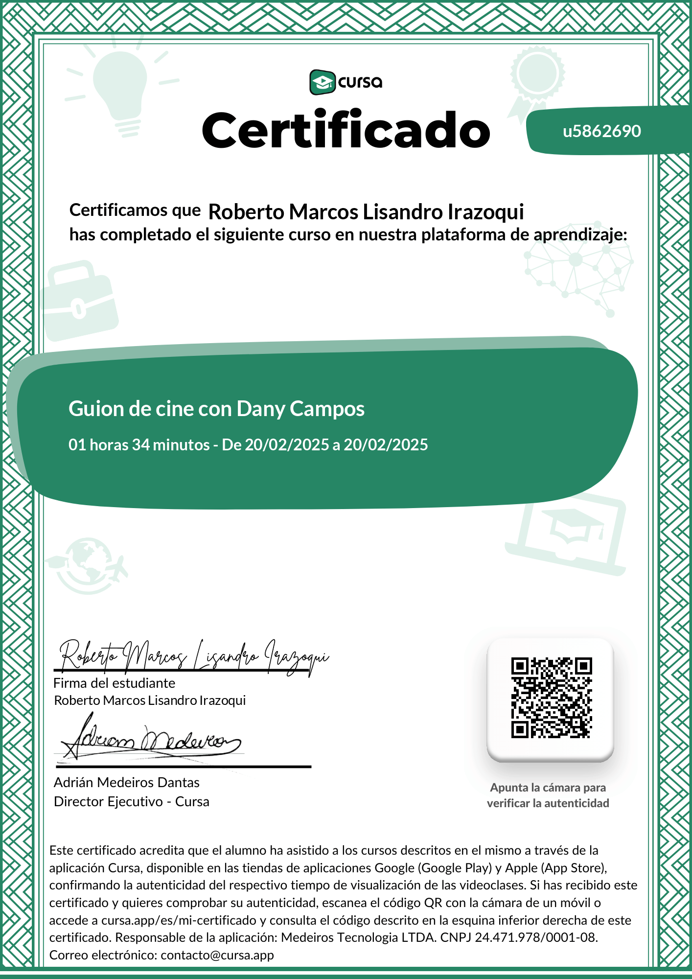 Imagen de mi Certificado de finalización del curso gratuito.