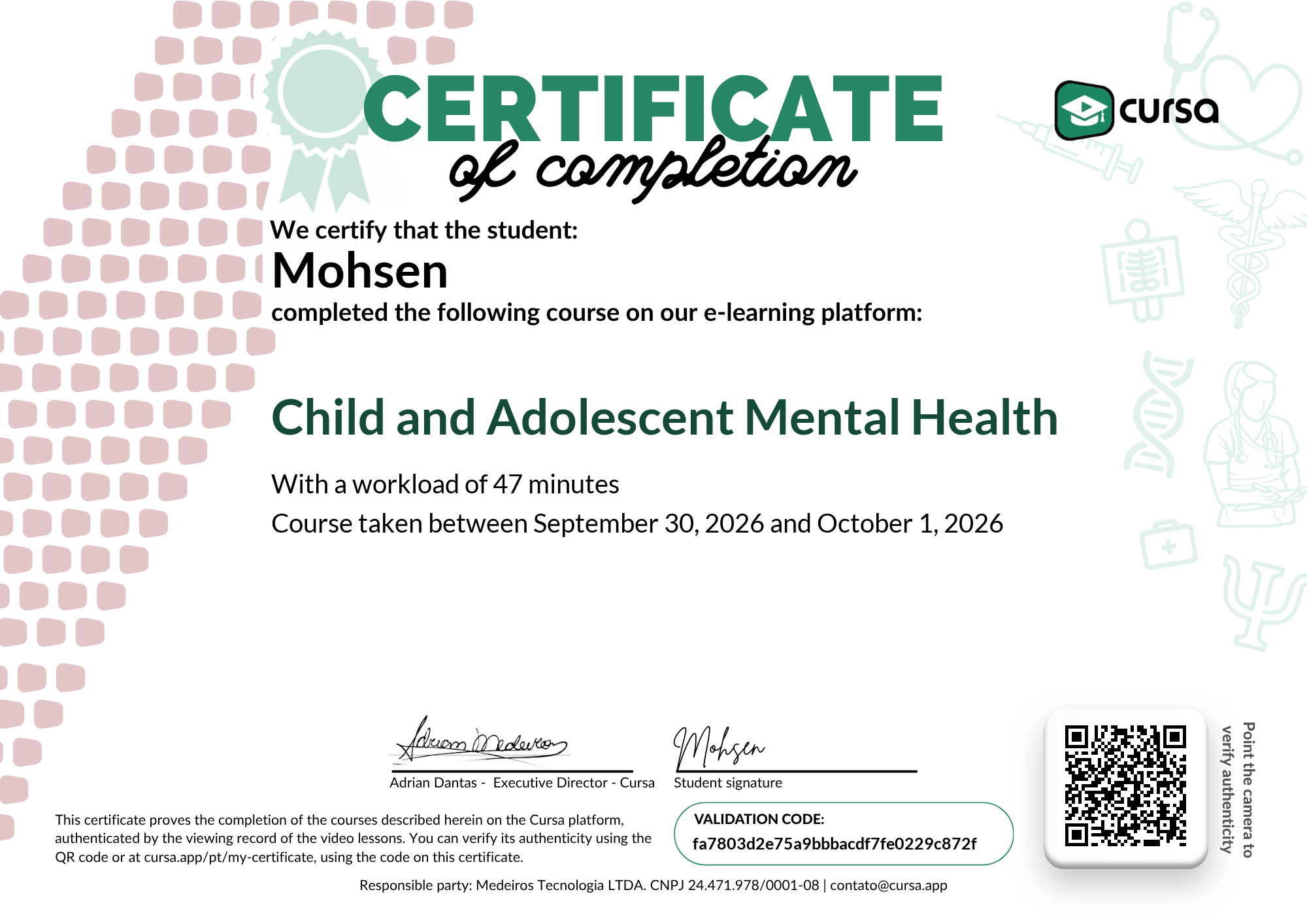 Image of my free Course Completion Certificate.