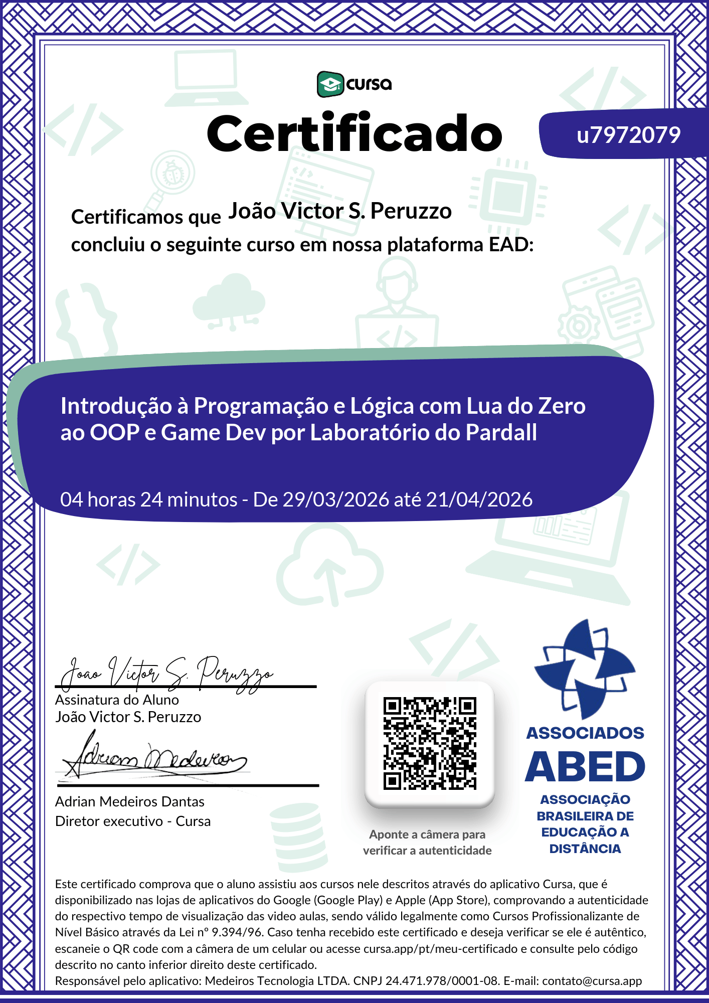 Imagem do meu Certificado gratuito de conclusão de curso.