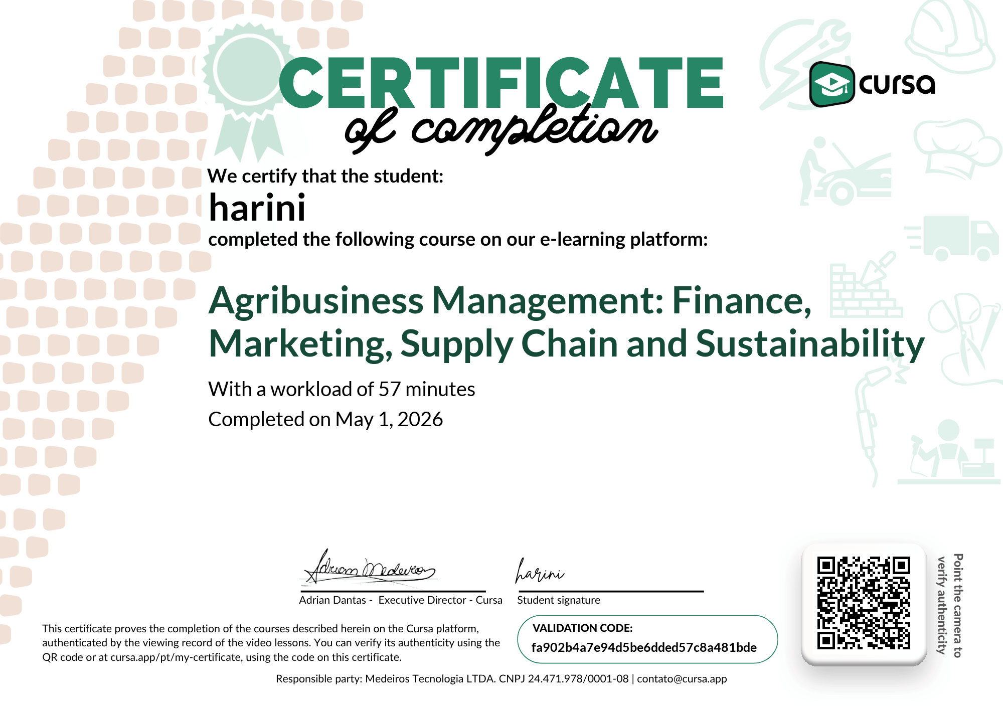 Image of my free Course Completion Certificate.