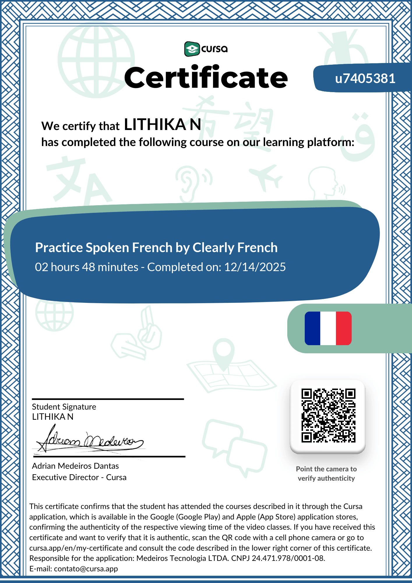 Image of my free Course Completion Certificate.
