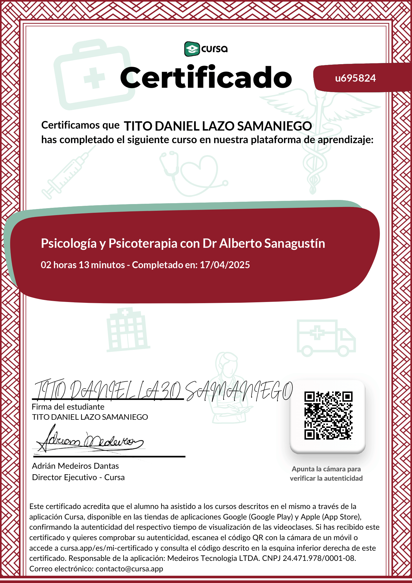 Imagen de mi Certificado de finalización del curso gratuito.
