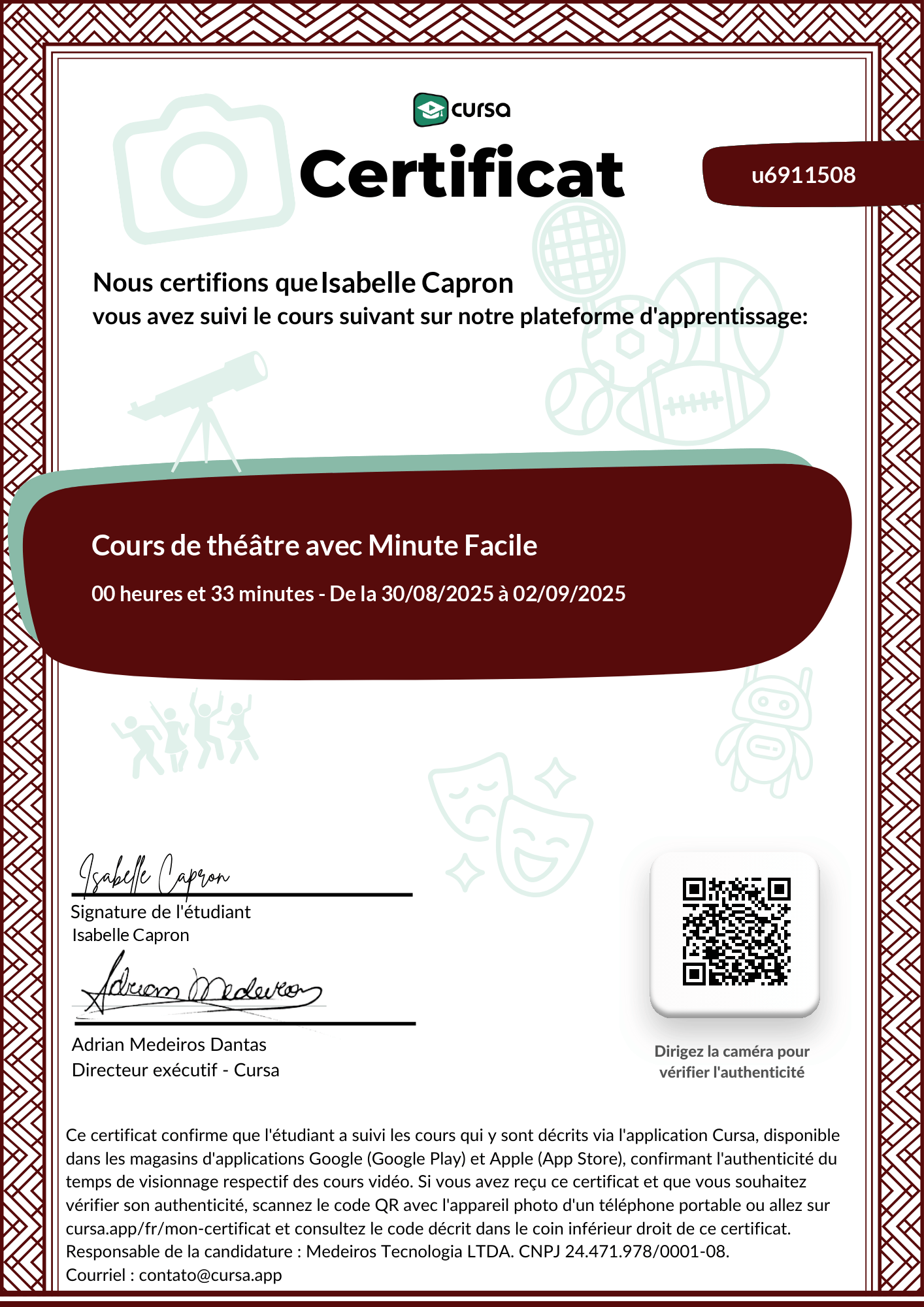 Image de mon certificat de fin de cours gratuit.