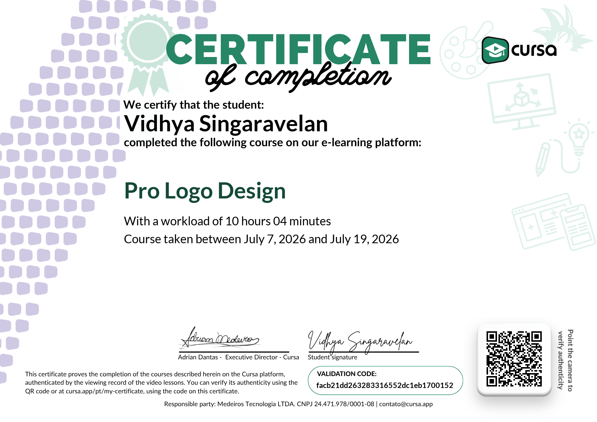 Image of my free Course Completion Certificate.