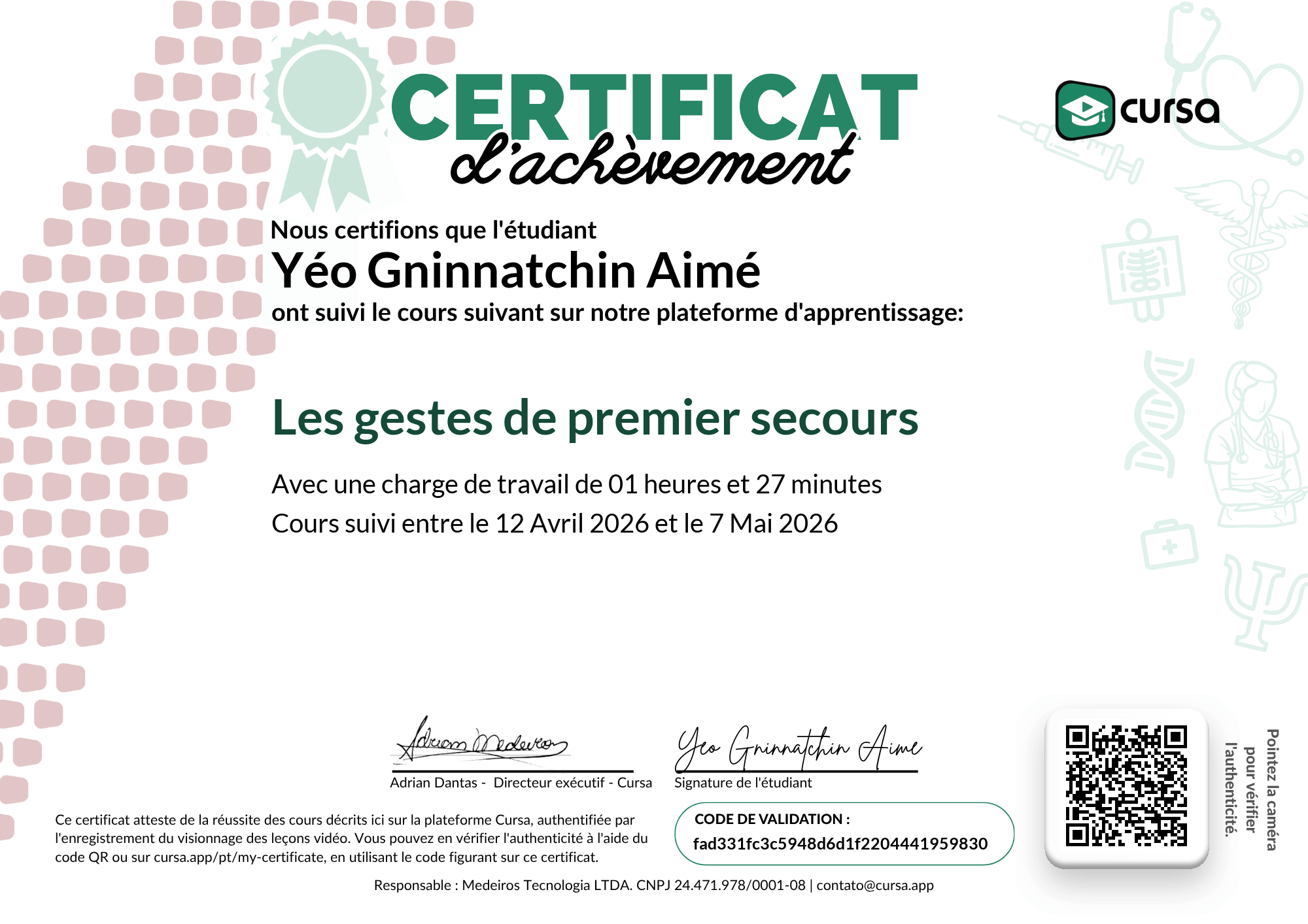 Image de mon certificat de fin de cours gratuit.