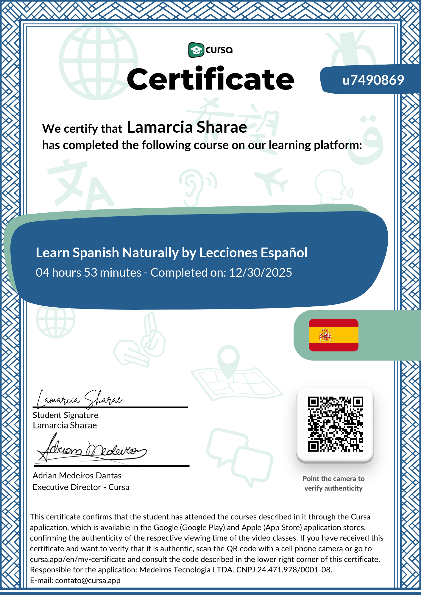 Image of my free Course Completion Certificate.